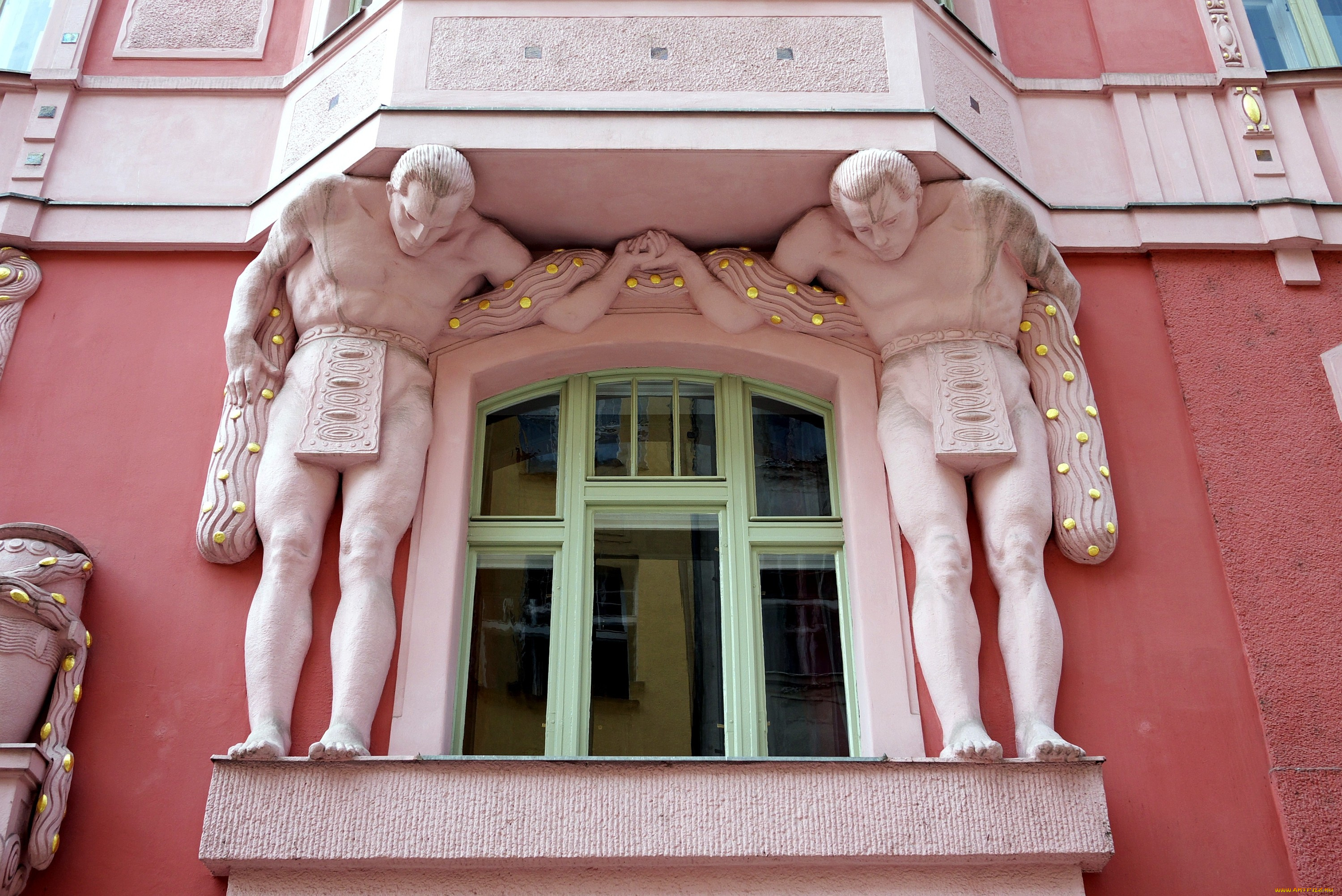 разное, элементы, архитектуры, окно, розовый, атланты