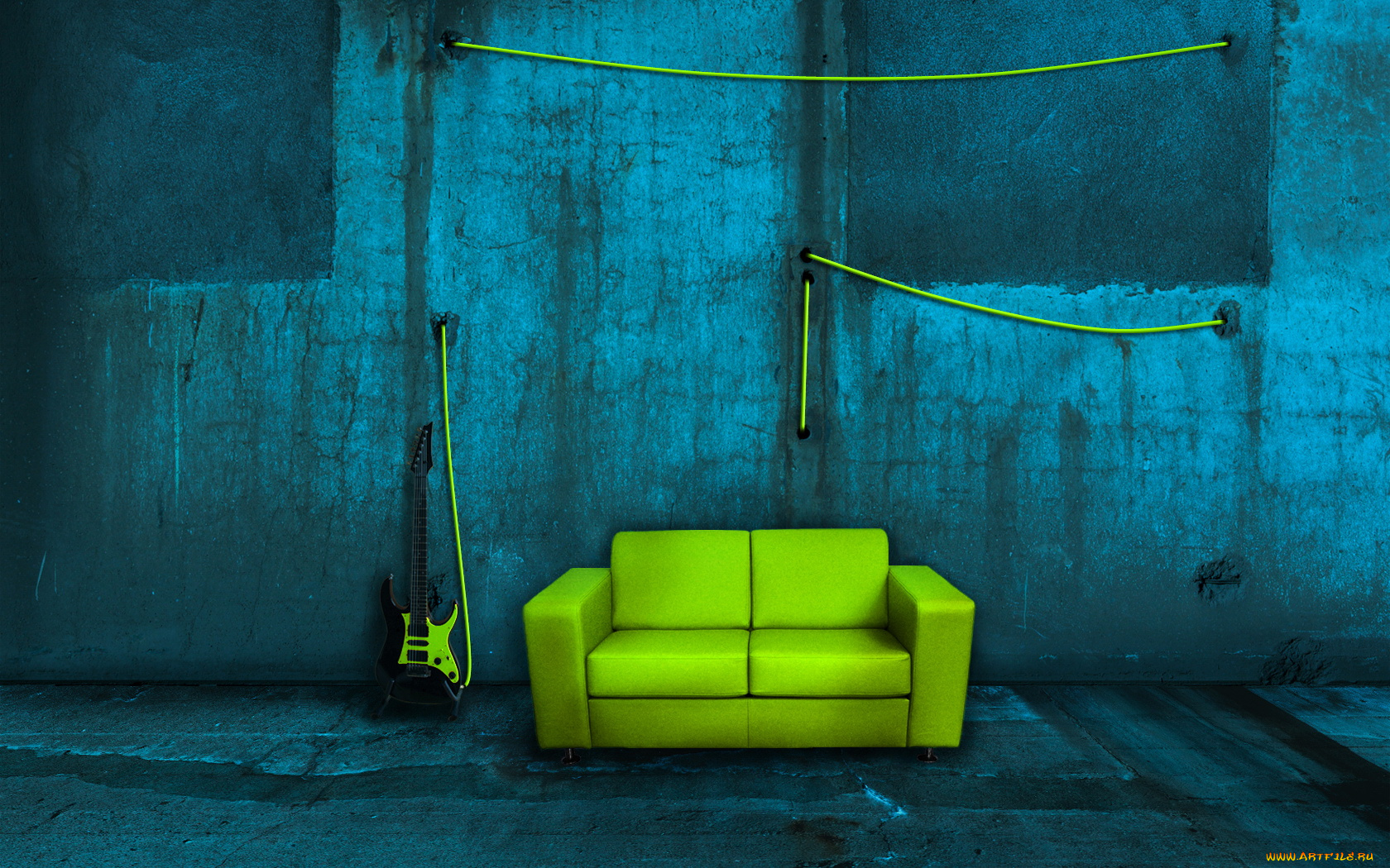 3д, графика, realism, реализм, диван, стена, гитара