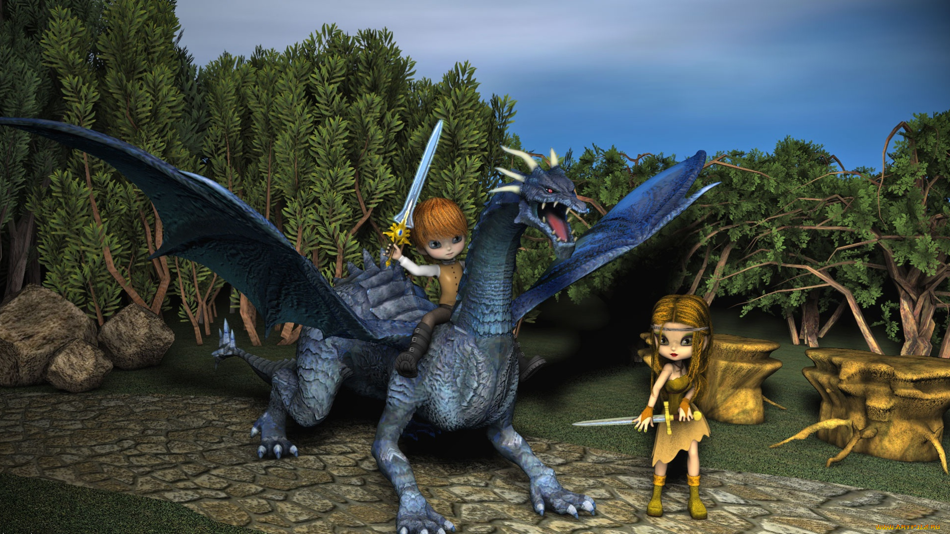 3д, графика, fantasy, фантазия, дракон, дети