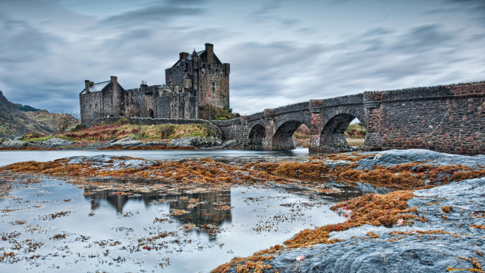 замок, эйлиан, донан, шотландия, города, река, мост, каменный