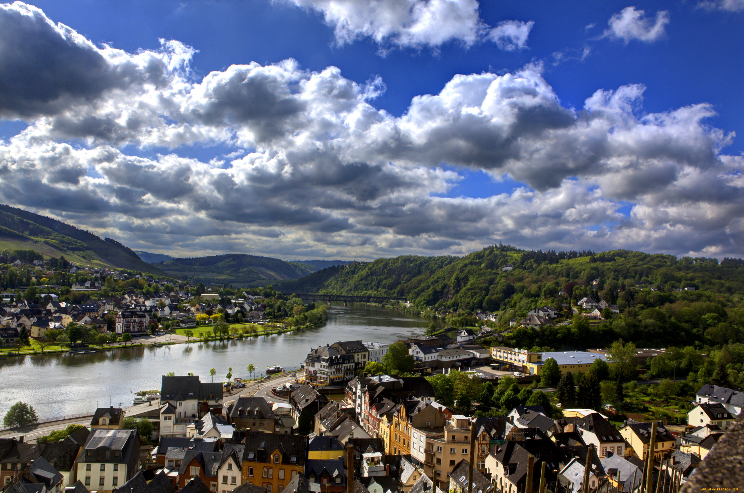 германия, альф, города, пейзажи, дома, река, небо, облака