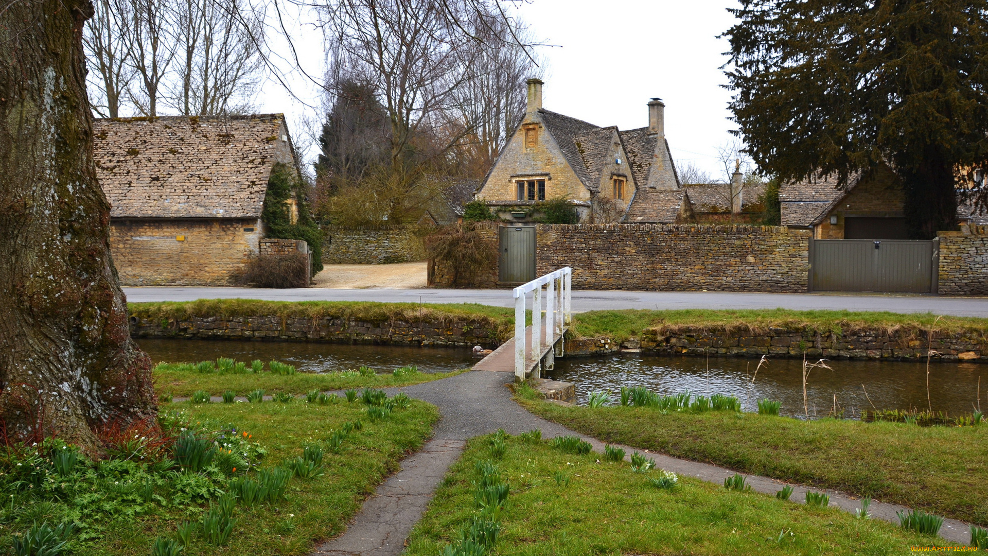 деревня, на, slaughter, англия, города, улицы, площади, набережные, дома, река
