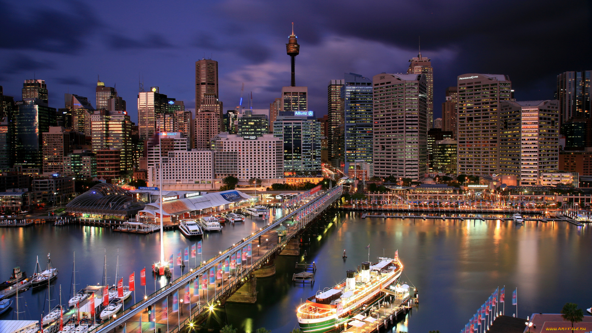 сидней, города, австралия, дома, ночь, огни, мост, река