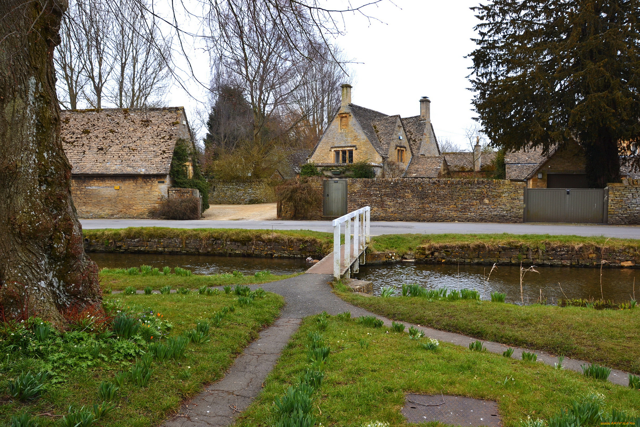 деревня, на, slaughter, англия, города, улицы, площади, набережные, дома, река