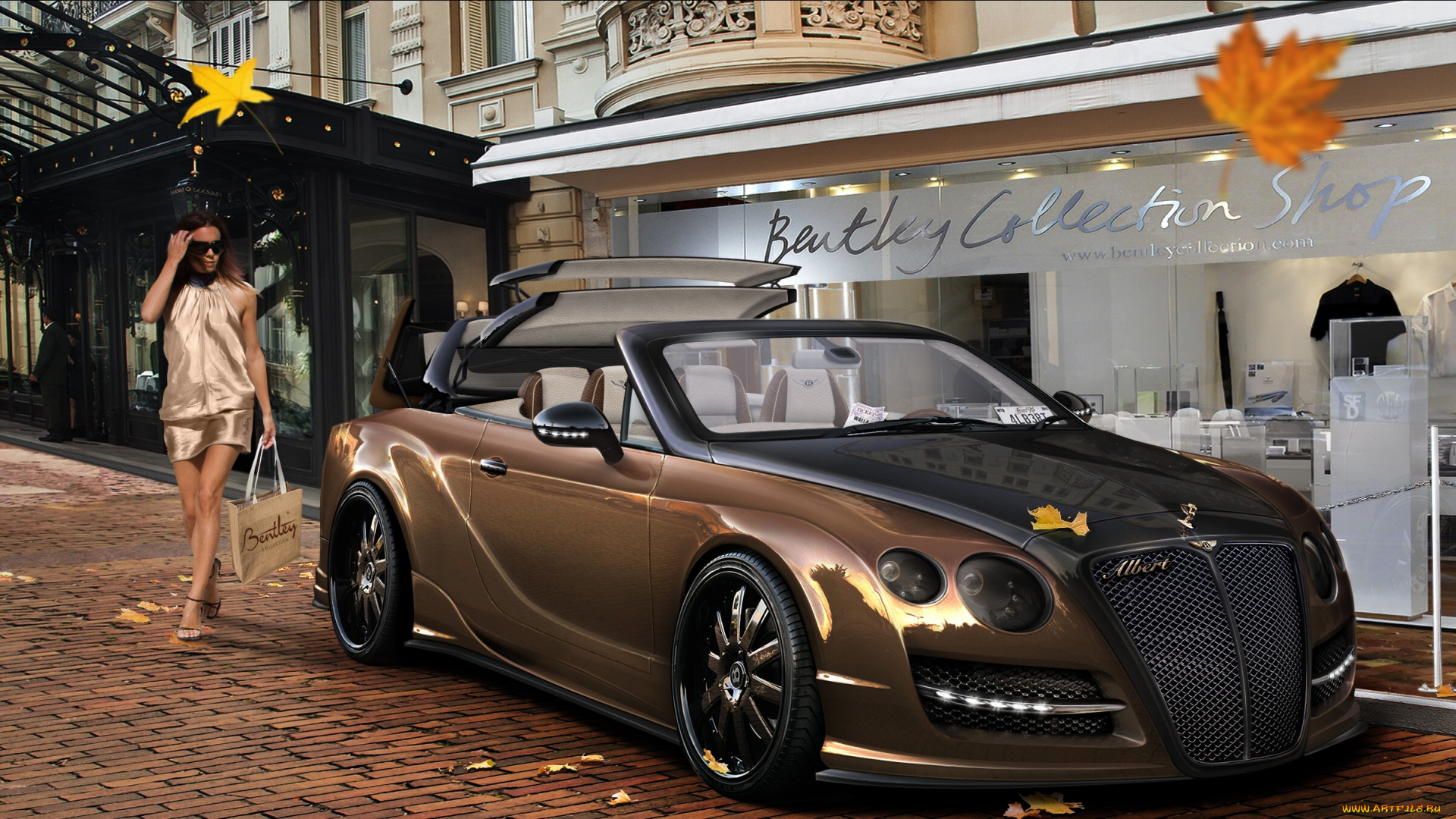 bentley, continental, автомобили, виртуальный, тюнинг, листья, магазин, девушка, улица, коричневый, bentley, continental