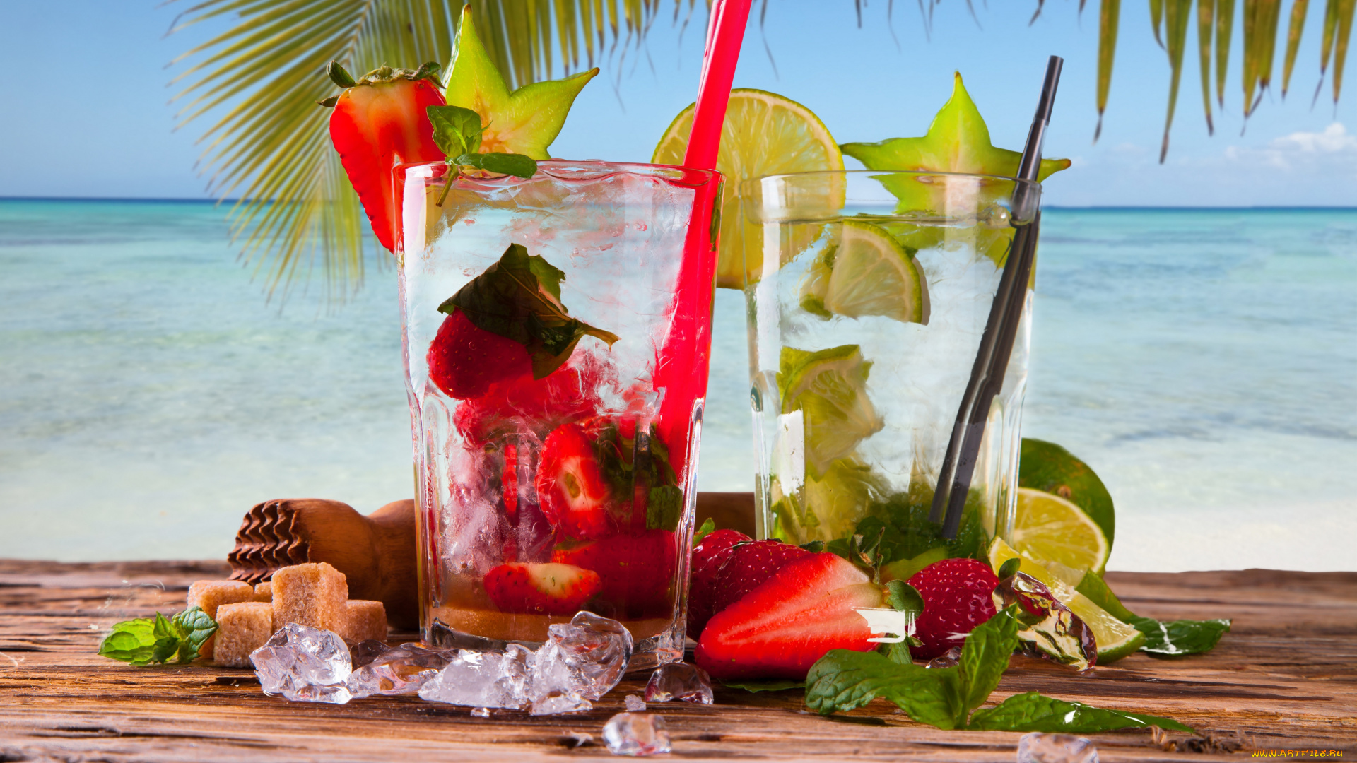 еда, напитки, , коктейль, клубника, сахар, лед, коктейль, море, пальма, океан, мята, лайм