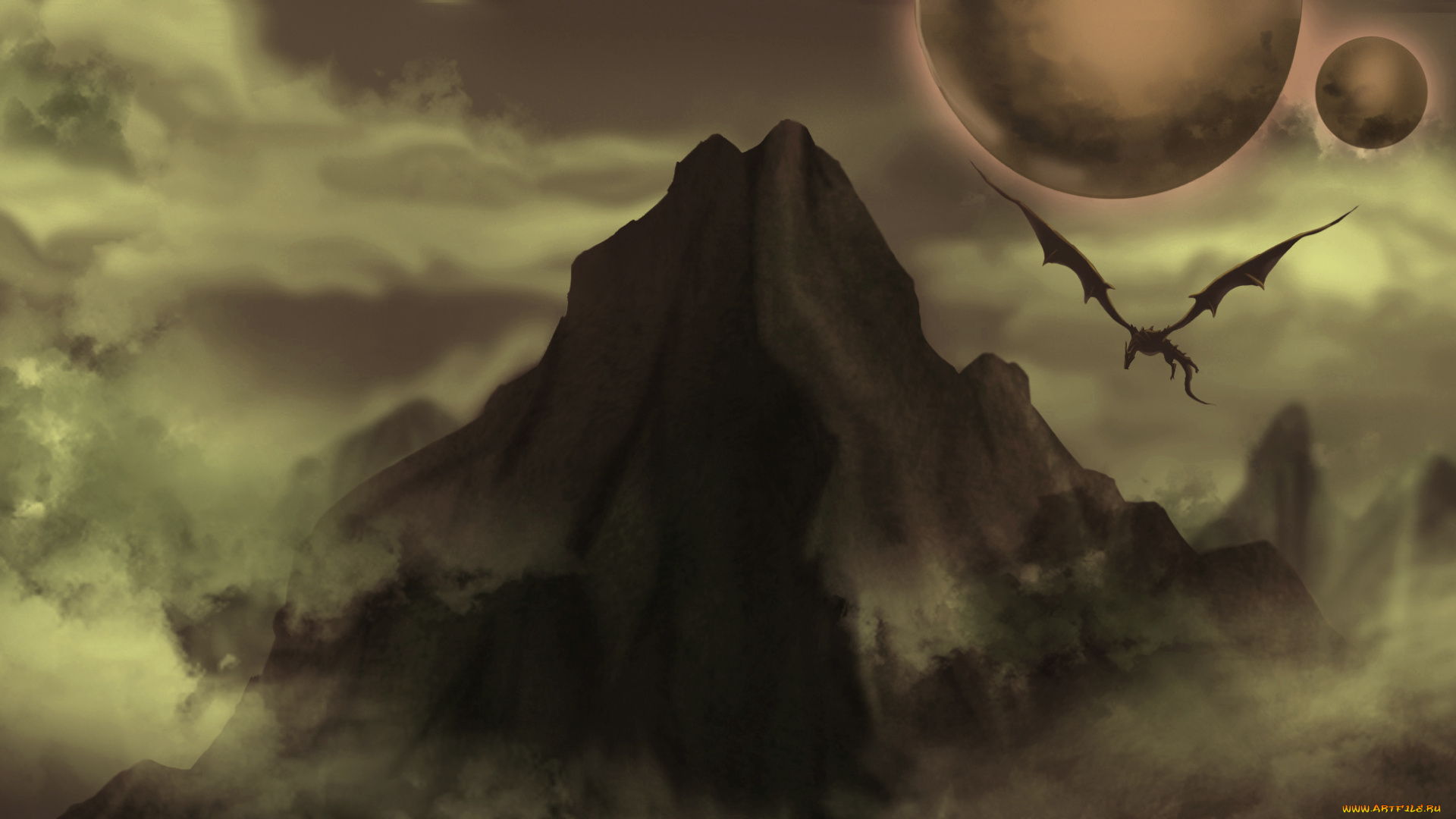 фэнтези, драконы, облака, вершина, планеты