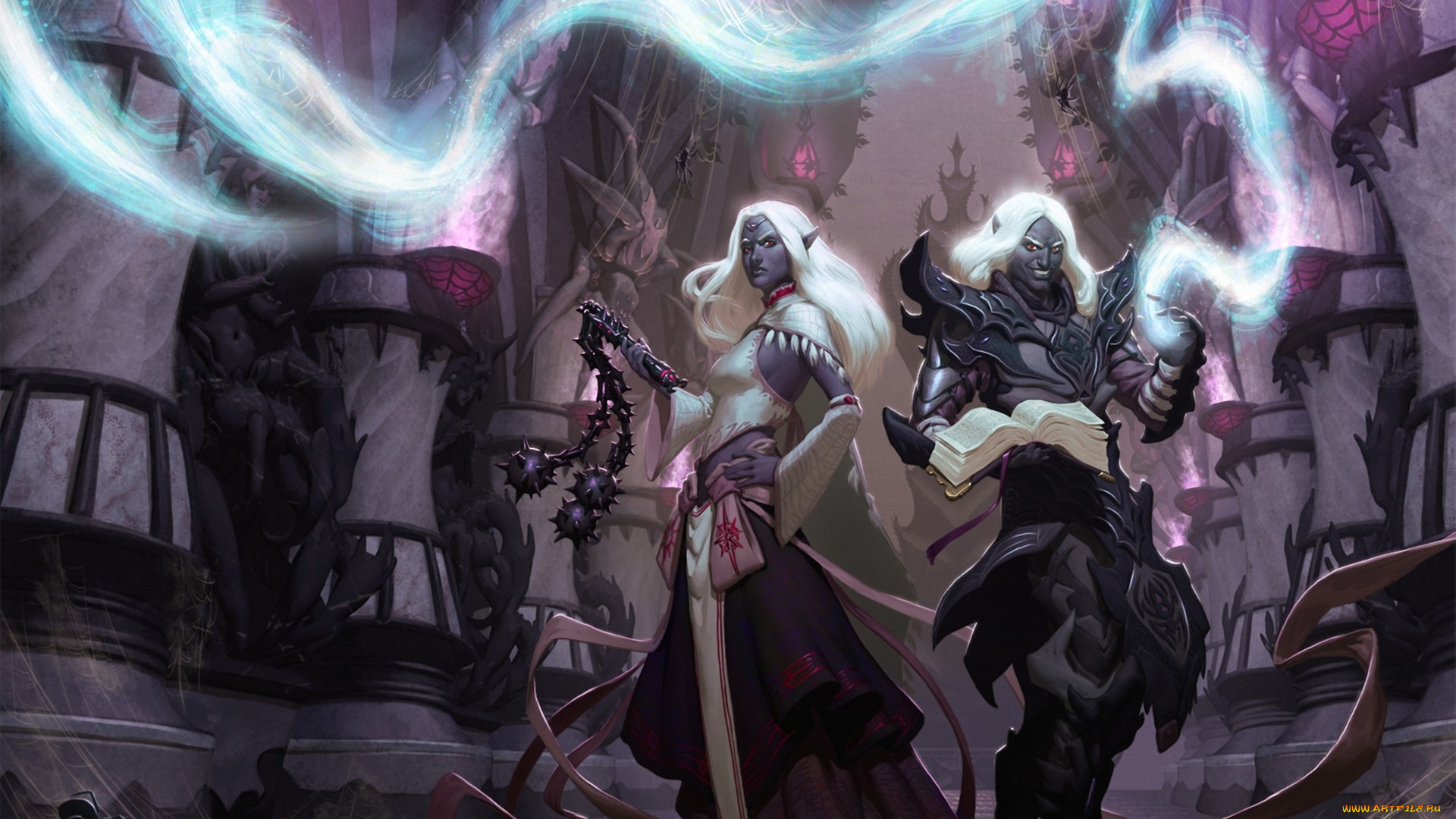 фэнтези, эльфы, магия, девушка, парень, арт, книга, оружие