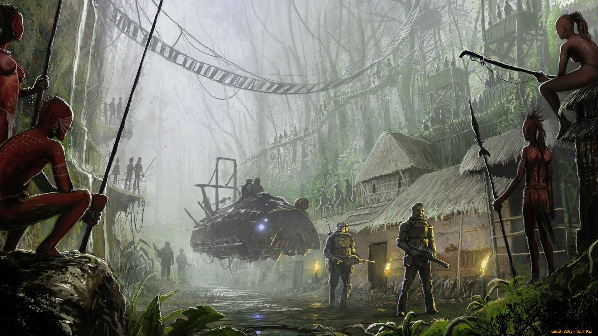 фэнтези, люди, поселение, туземцы, летательный, аппарат, лес, деревня