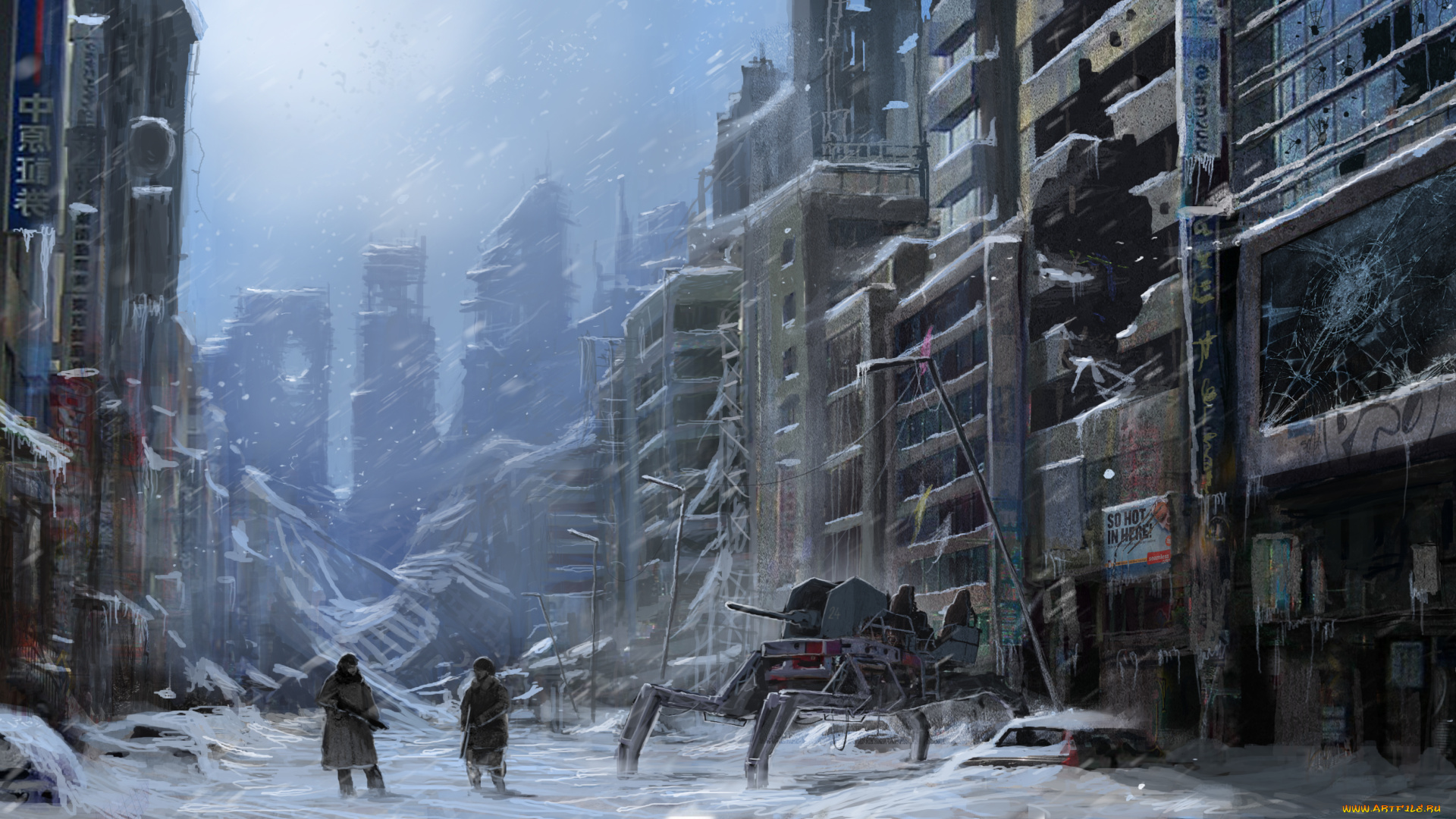 фэнтези, люди, разруха, город, постапокалипсис, зима, механоид