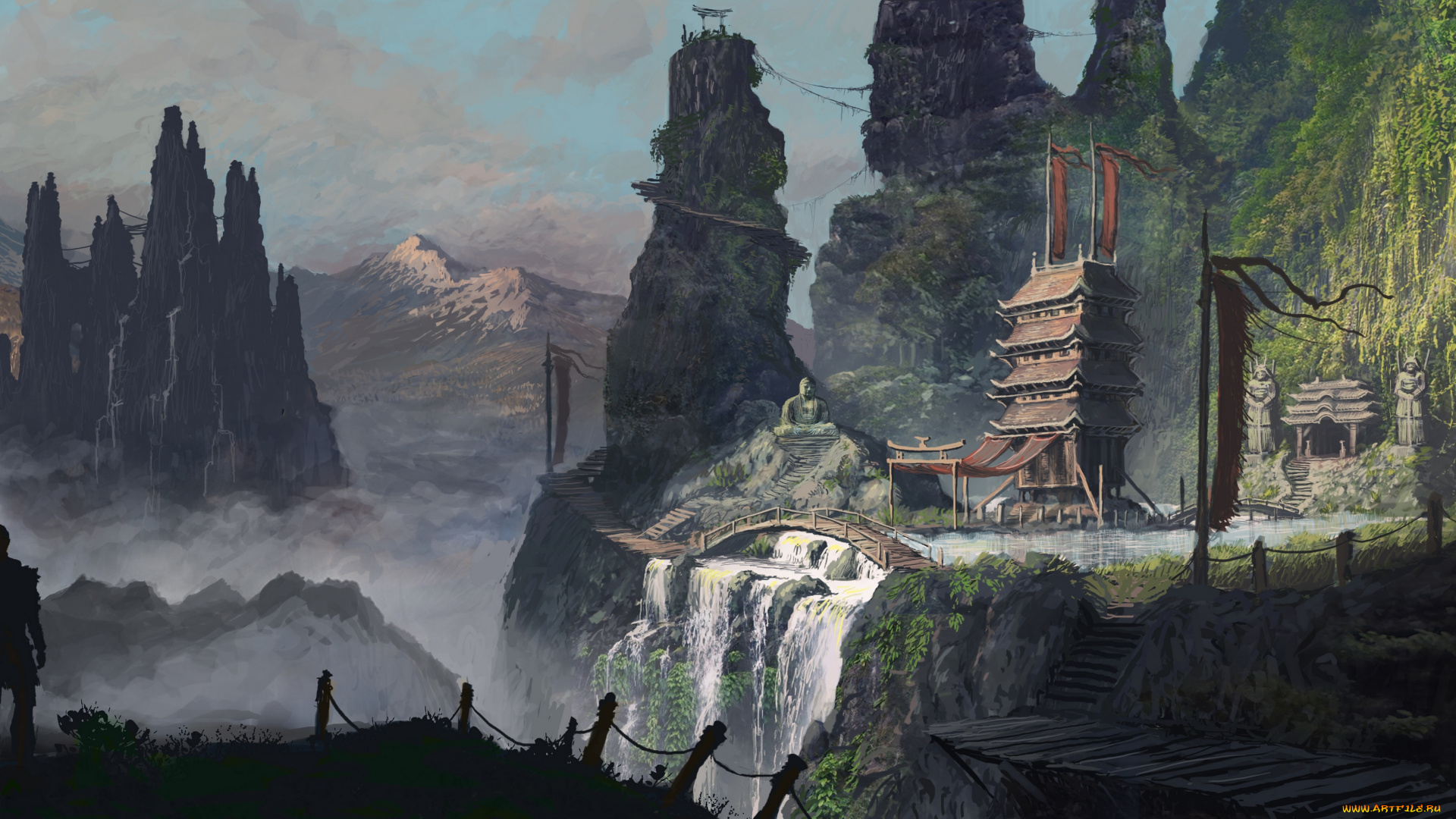 фэнтези, пейзажи, человек, водопад, храм, пейзаж, горы