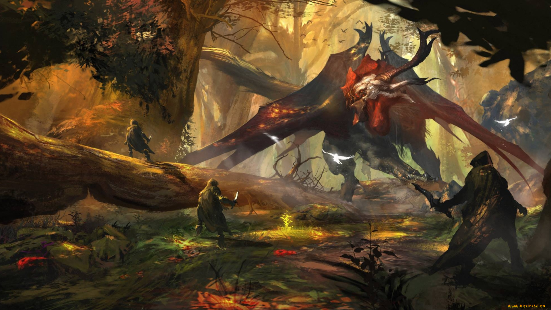 фэнтези, существа, лес, люди, чудовище, монстр