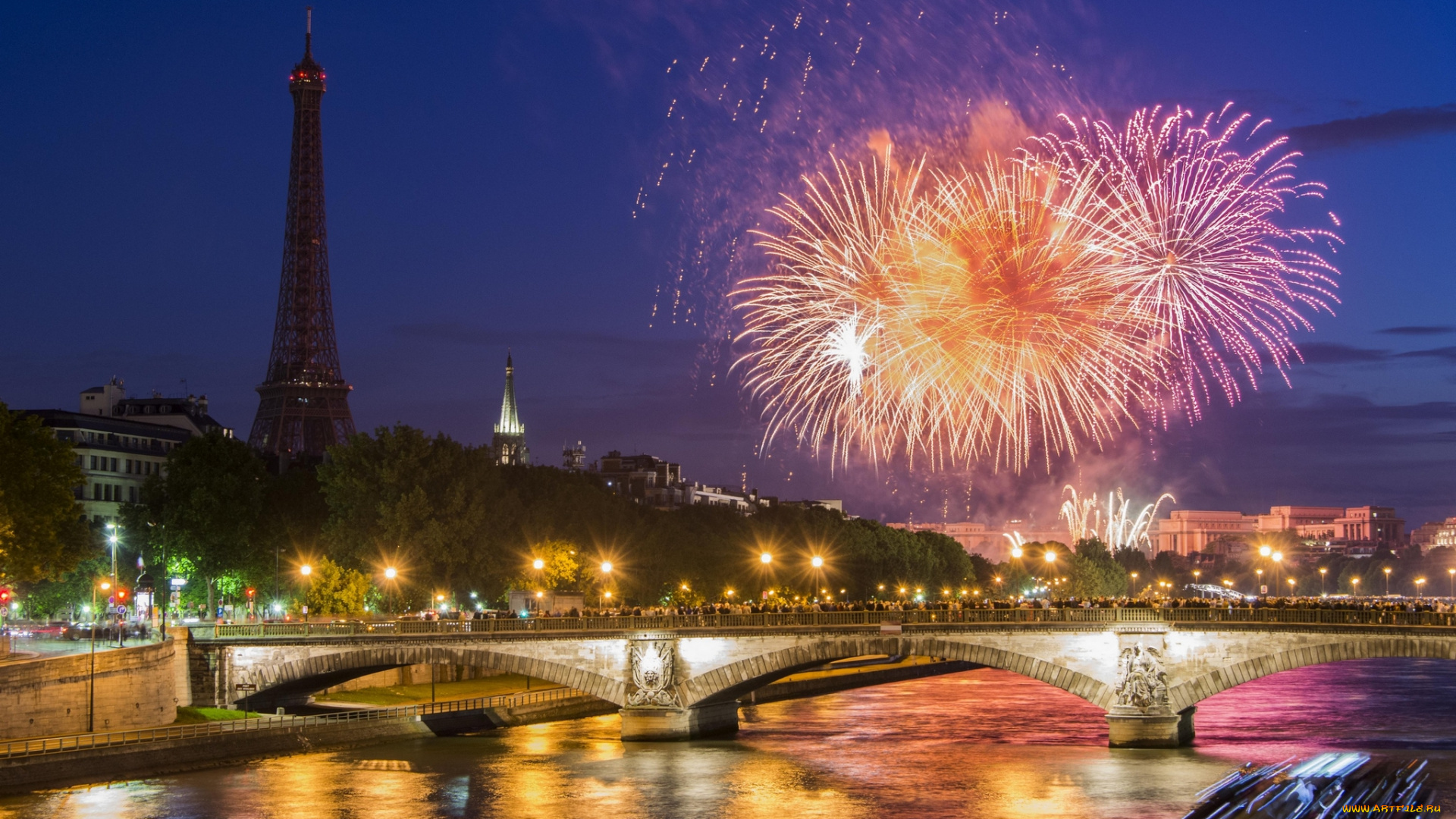 города, париж, , франция, река, салют, ночь, мост