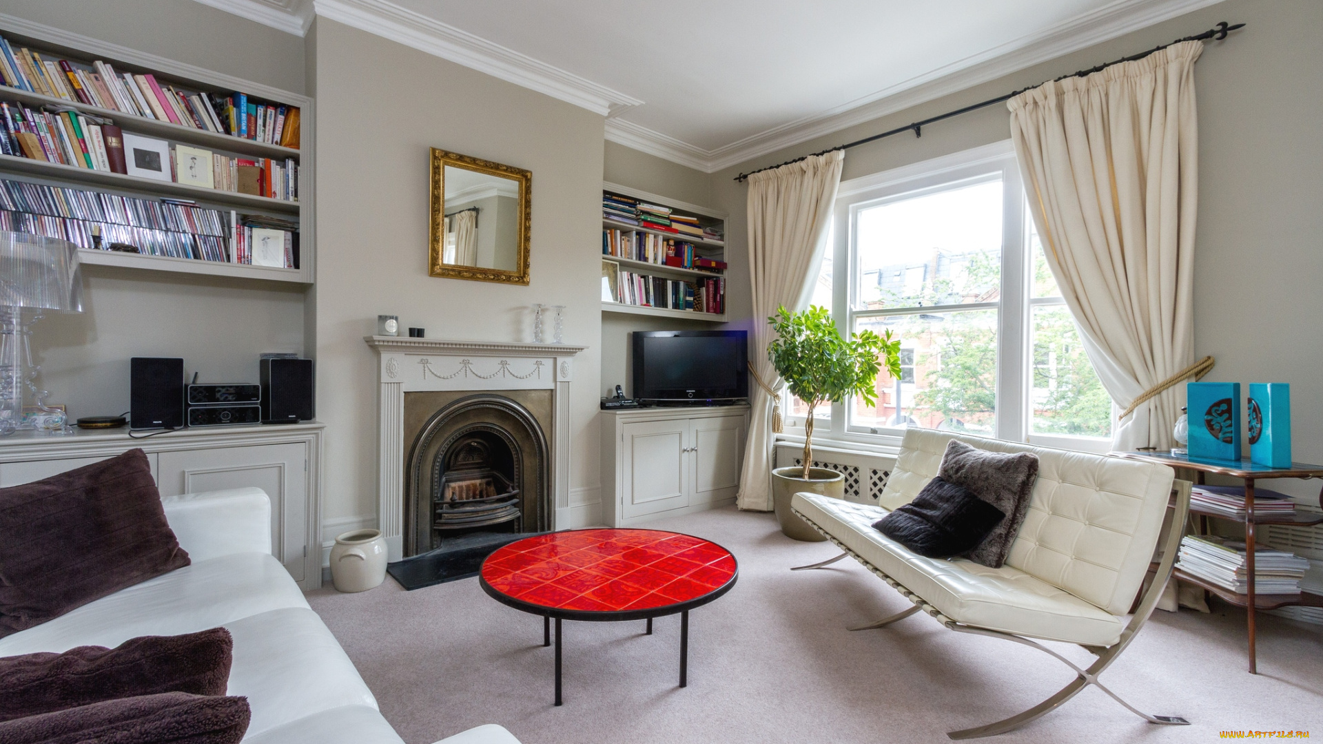 интерьер, гостиная, столик, диван, камин