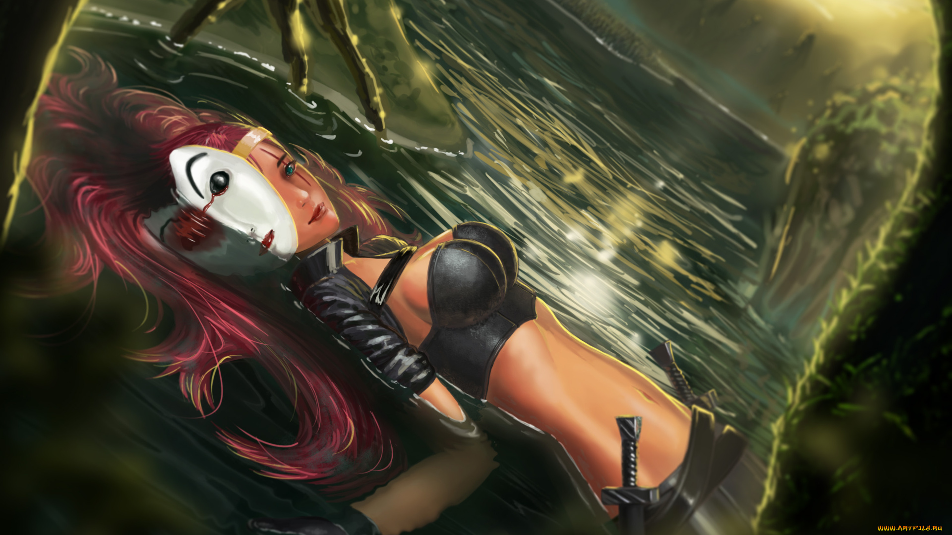 league, of, legends, фэнтези, девушки, вода, лес, league, of, legends, маска, взгляд, katarina, девушка