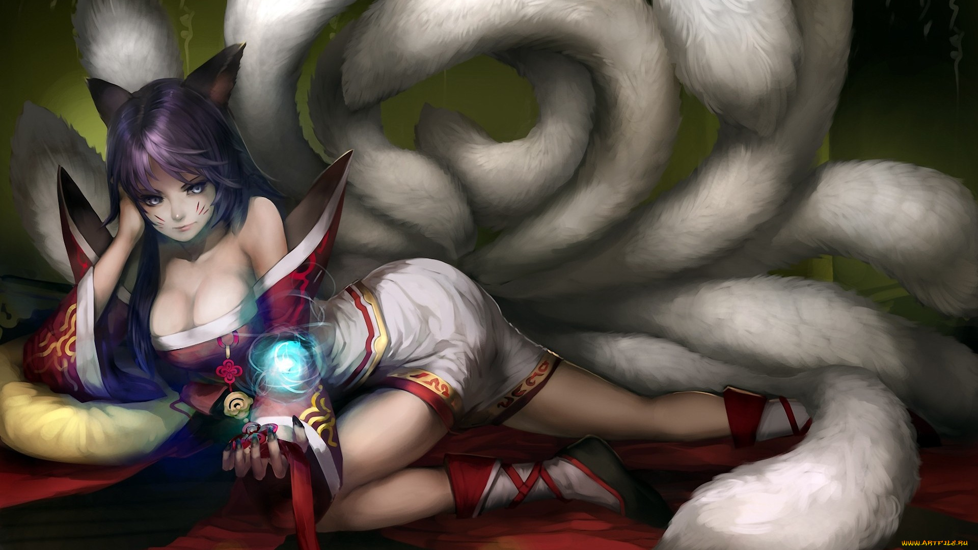 league, of, legends, фэнтези, существа, шарики, арт, хвосты, уши, девушка, ahri, ленты, магия, league, of, legends