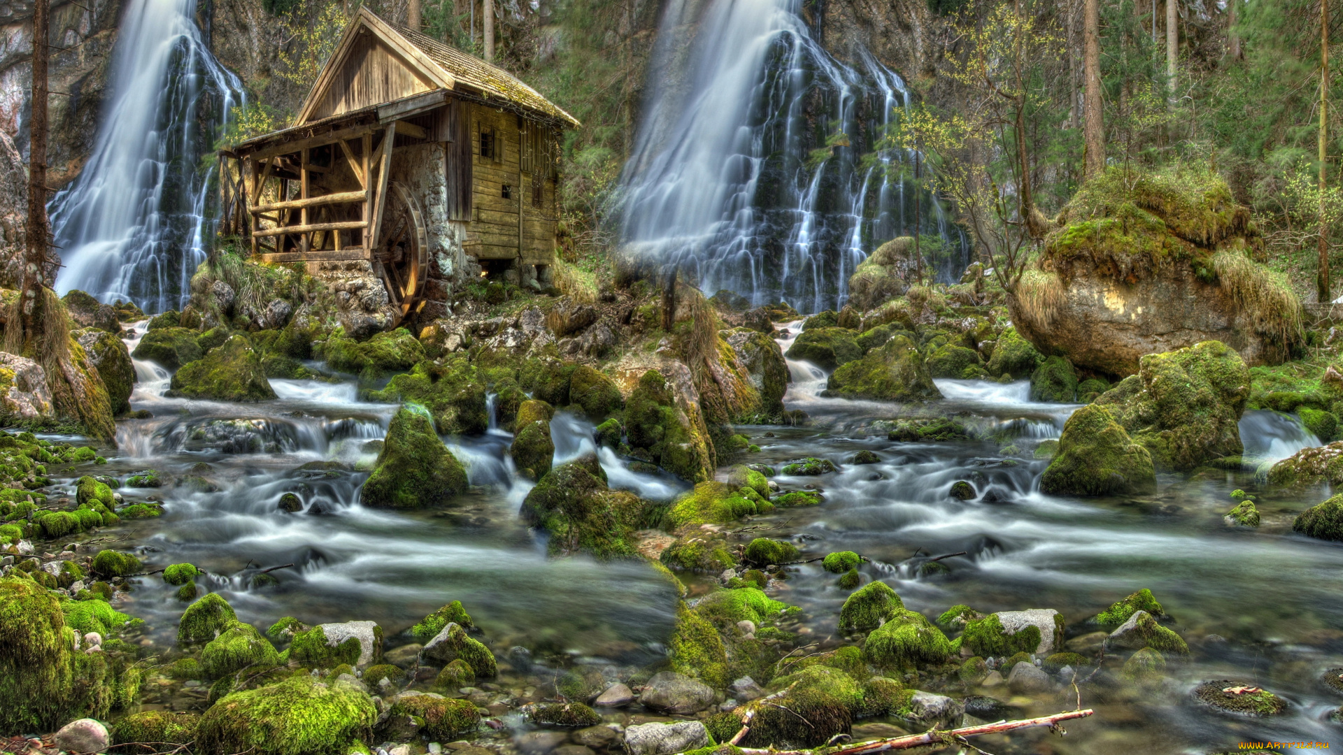 разное, мельницы, водопад, камни, пейзаж, мох, hdr, домик, мельница, природа