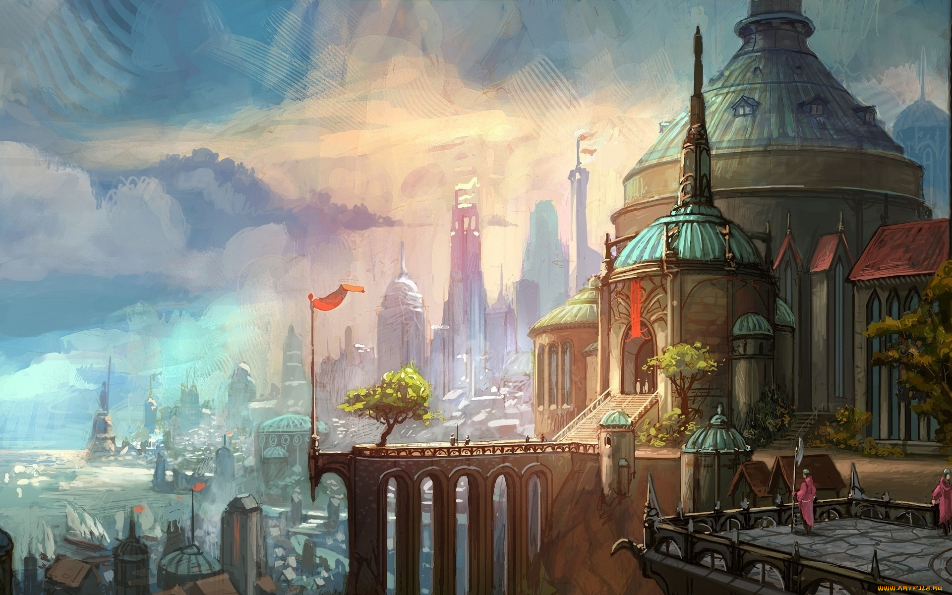 league, of, legends, фэнтези, иные, миры, , иные, времена, demacia, пейзаж, арт, league, of, legends, деревья, люди, море, город