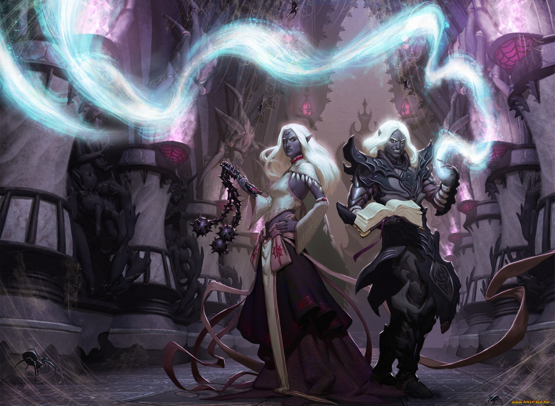 фэнтези, эльфы, магия, девушка, парень, арт, книга, оружие