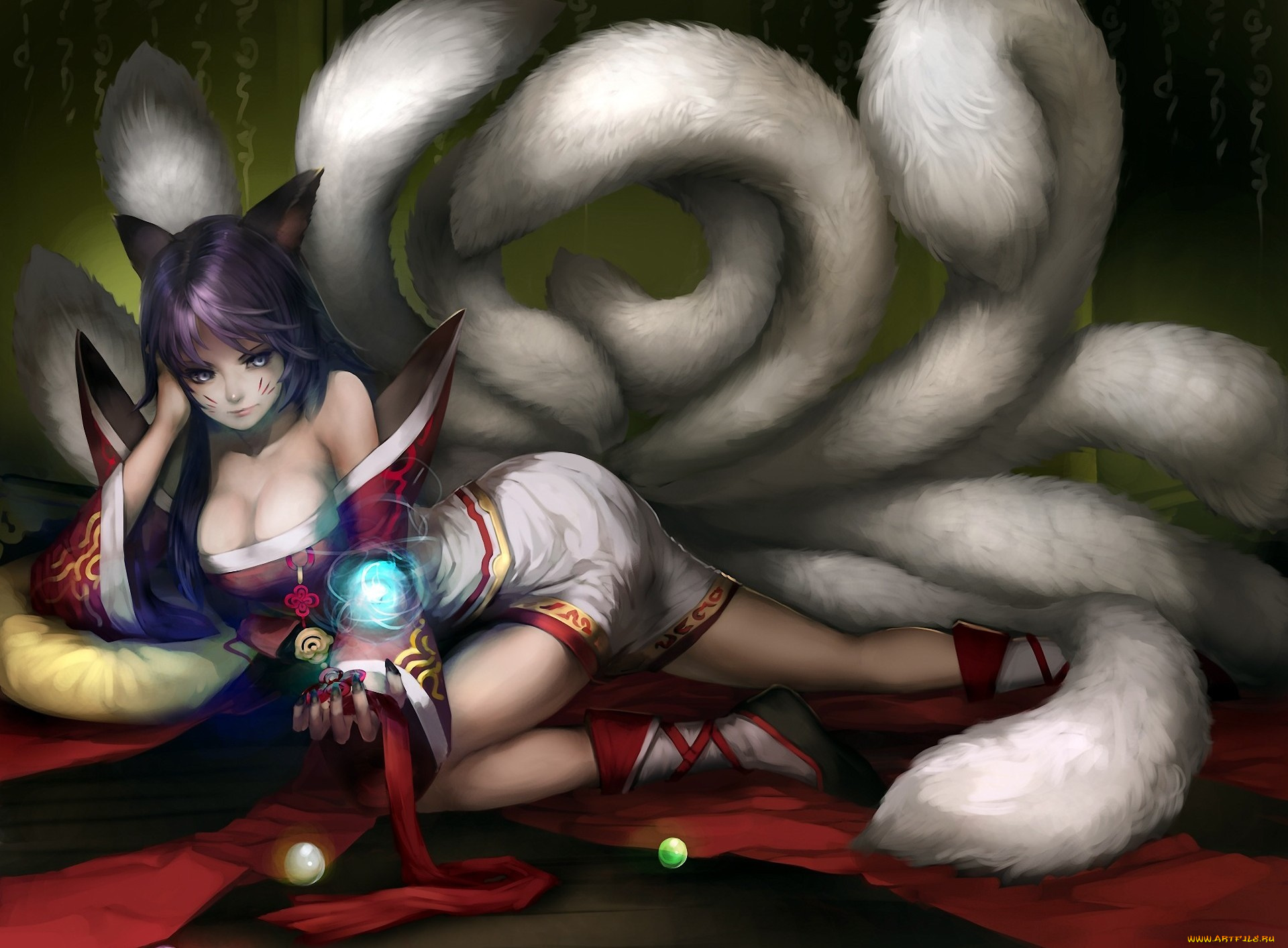 league, of, legends, фэнтези, существа, шарики, арт, хвосты, уши, девушка, ahri, ленты, магия, league, of, legends