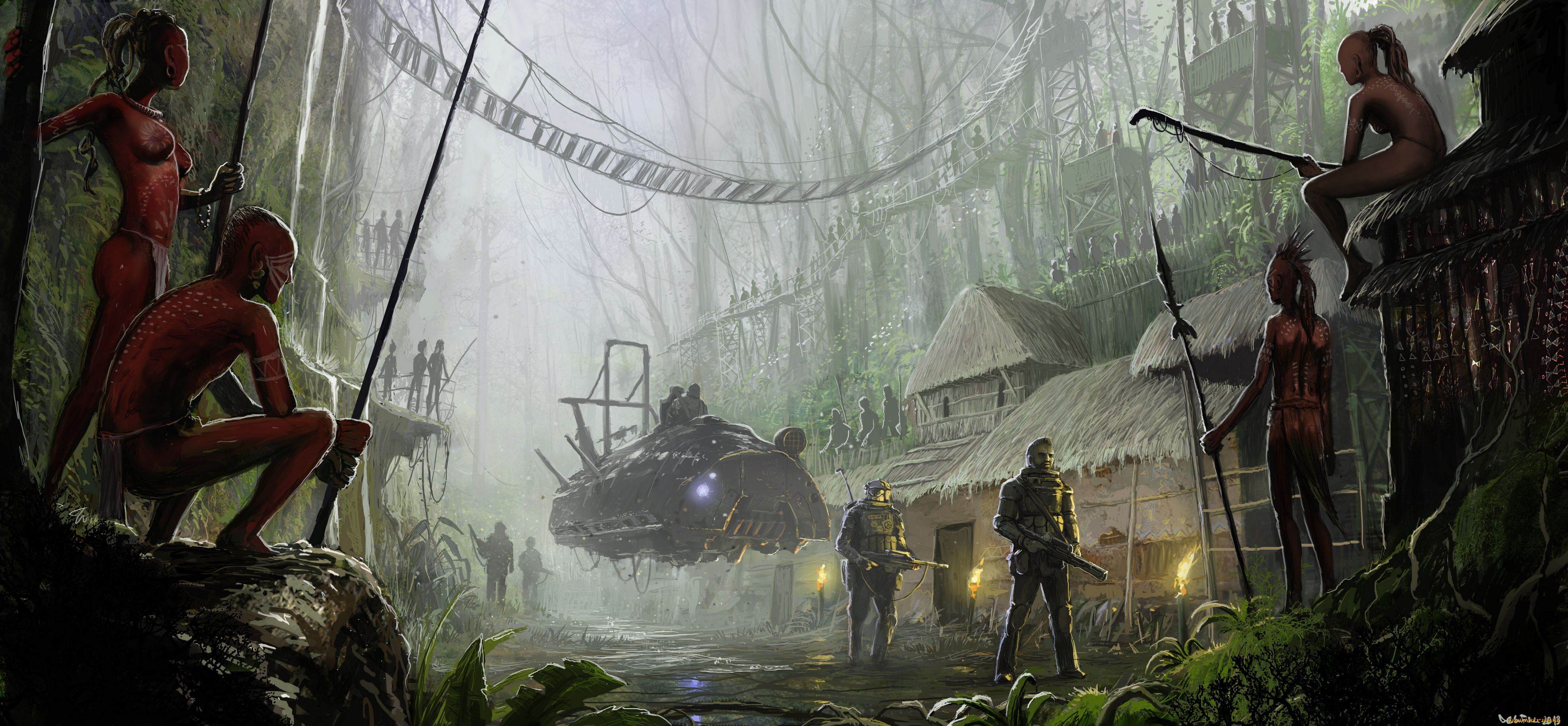 фэнтези, люди, поселение, туземцы, летательный, аппарат, лес, деревня