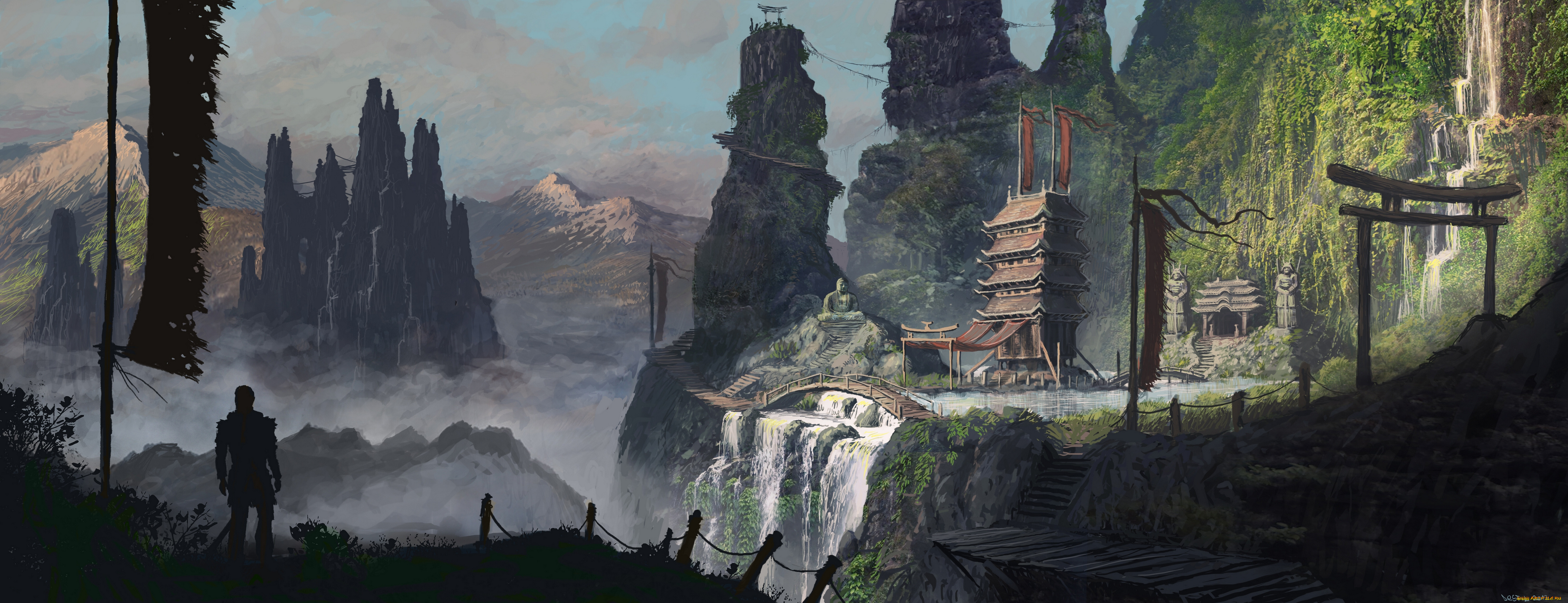 фэнтези, пейзажи, человек, водопад, храм, пейзаж, горы