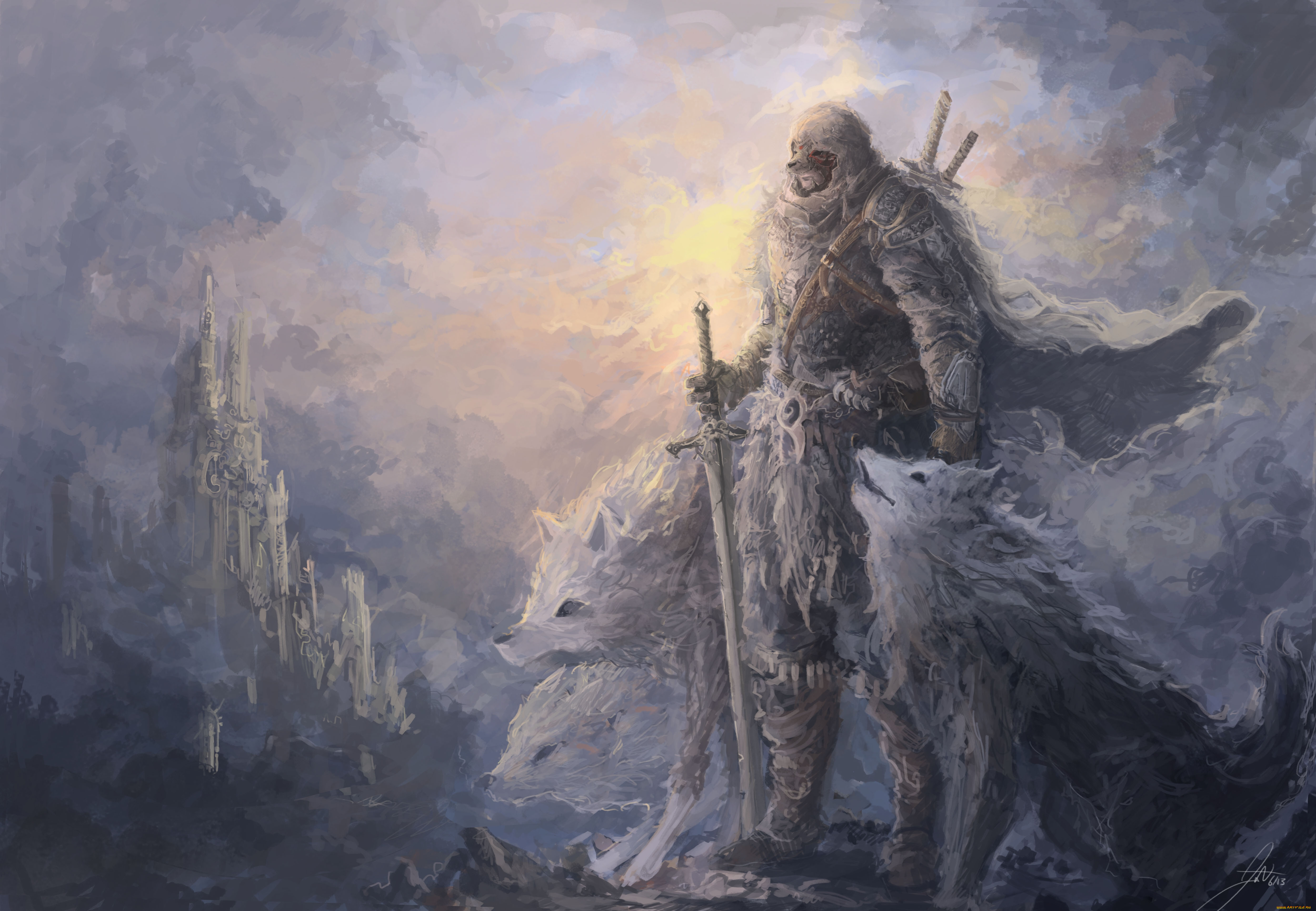 фэнтези, люди, меч, замок, волки, человек