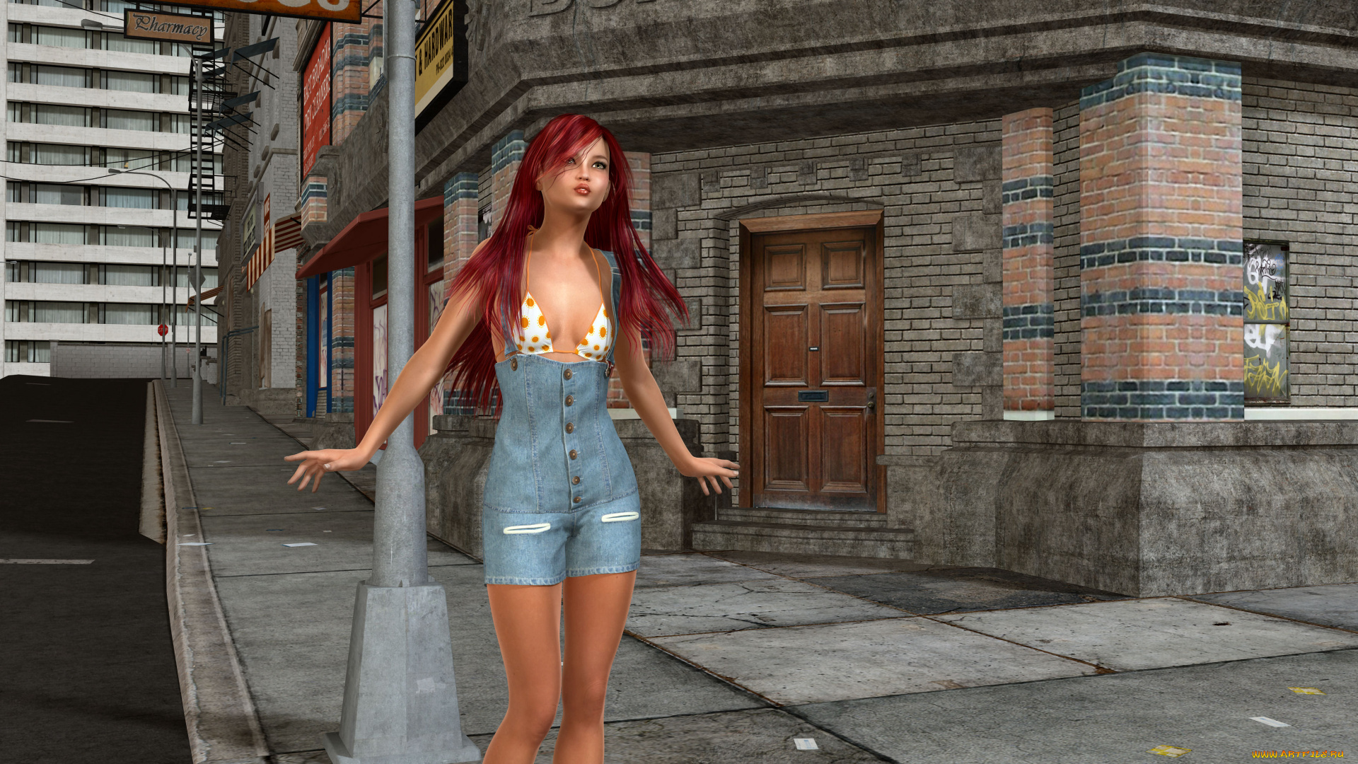 3д, графика, фантазия, , fantasy, девушка, улица, город, фон, взгляд