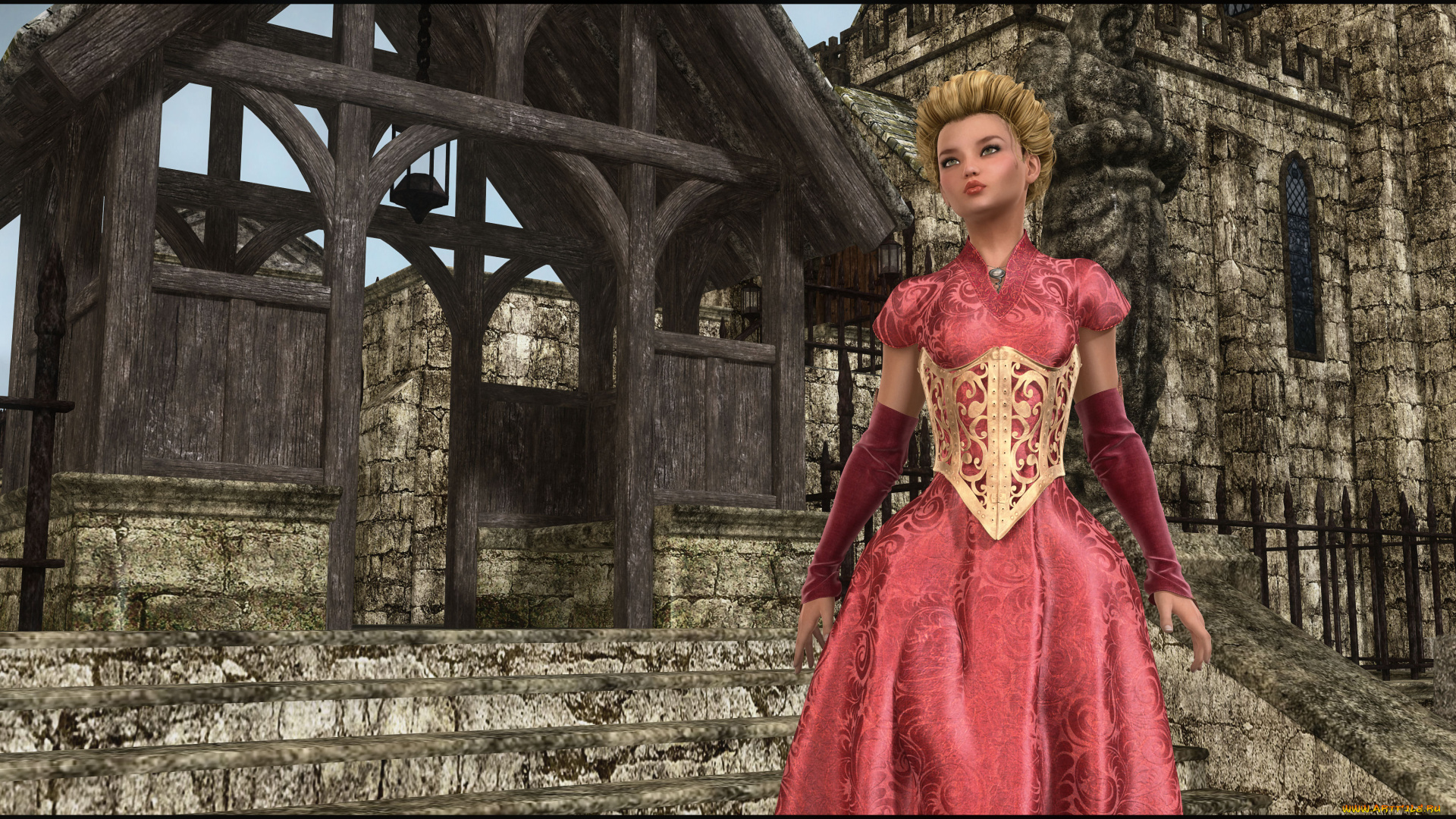 3д, графика, люди, , people, девушка, платье, фон, взгляд