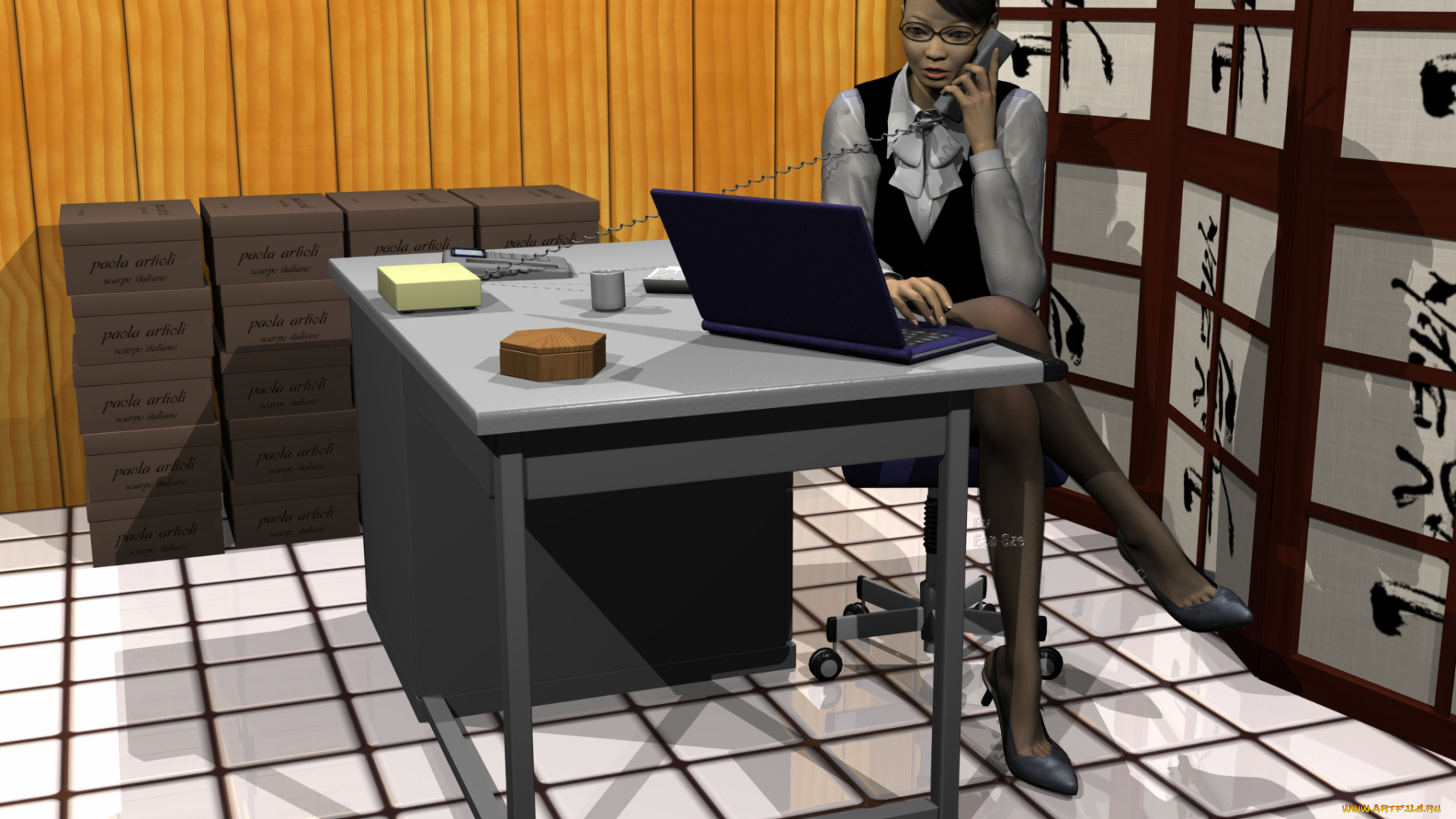 3д, графика, люди, , people, девушка, взгляд, фон, очки, стол, компьютер, офис, телефон