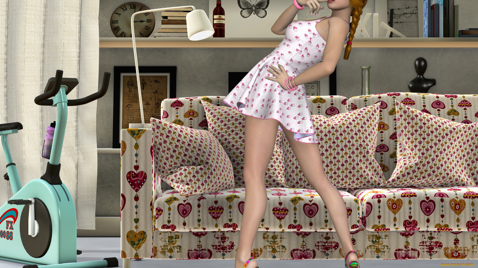 3д, графика, люди, , people, светильни, тренажер, книги, взгляд, фон, полки, девушка, подушки, диван