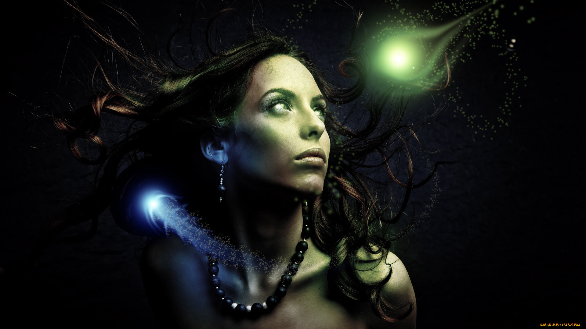 фэнтези, девушки, свет, бусы, ветер, свечение, блестки, девушка