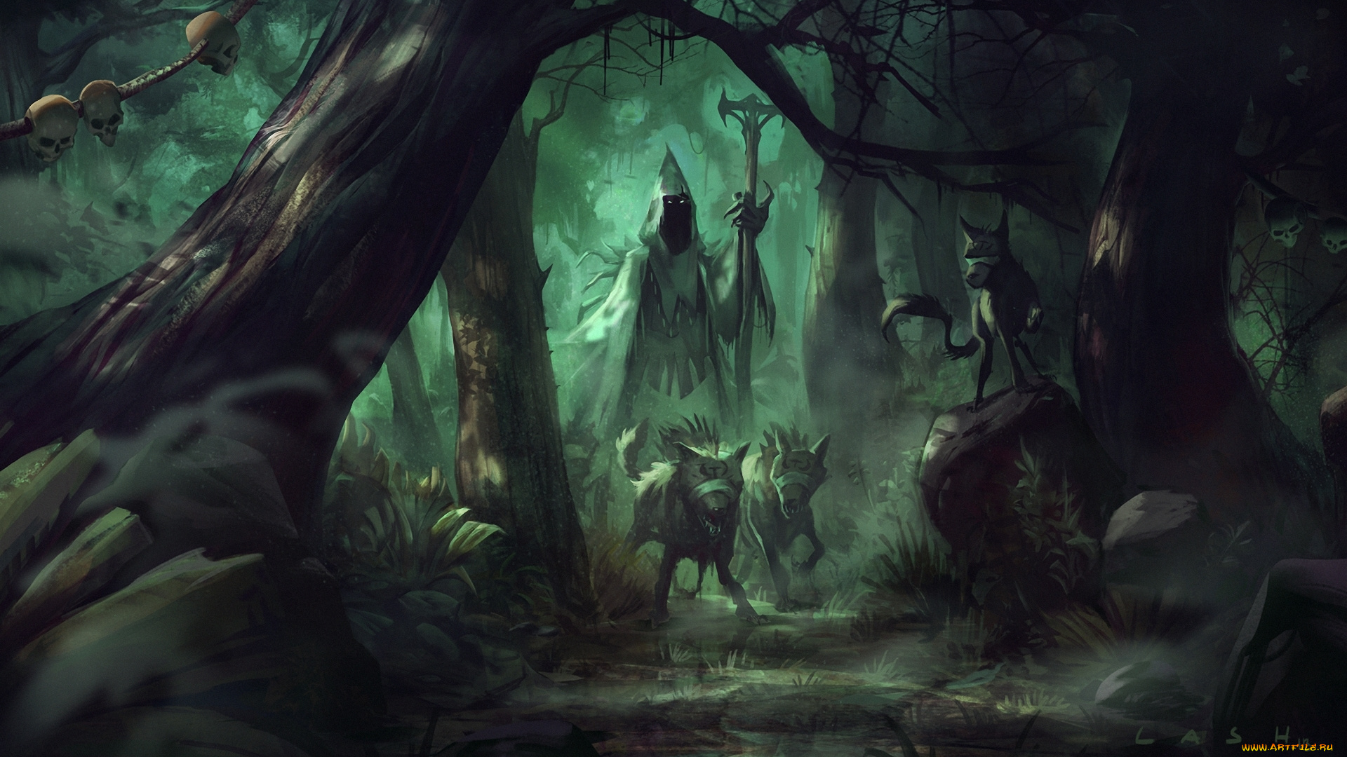 фэнтези, маги, , волшебники, колдун, посох, собаки, маг, лес, черепа