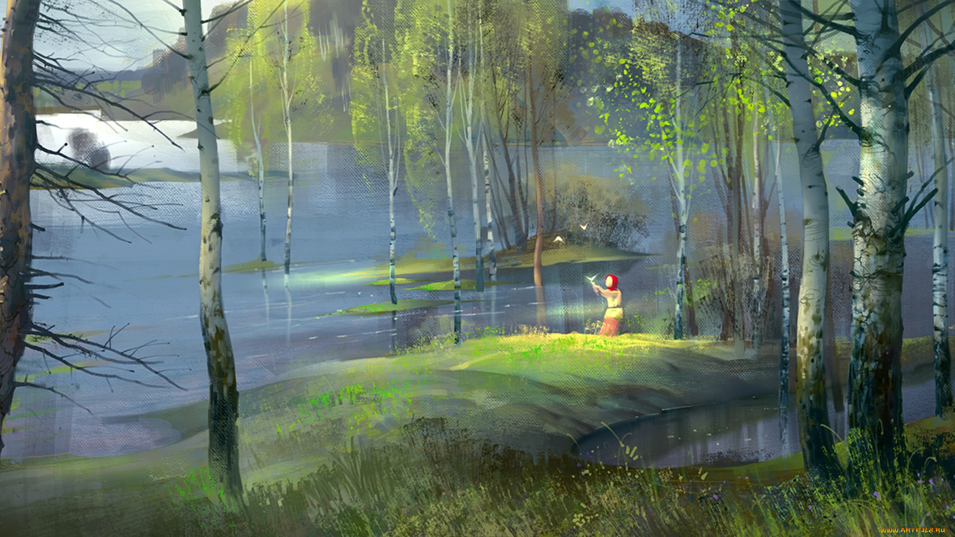 рисованное, живопись, русь, пейзаж, река, девочка, лес, деревья