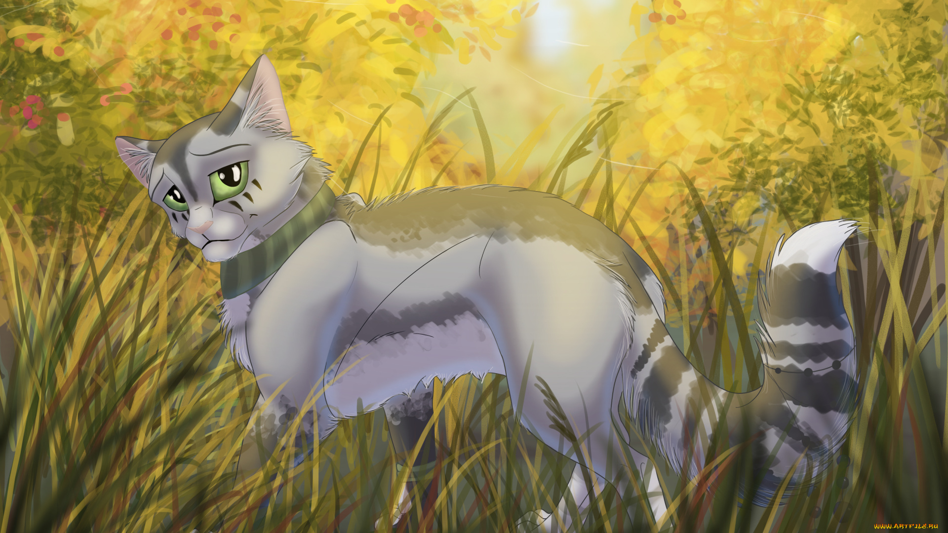 рисованное, животные, , коты, деревья, трава, осень