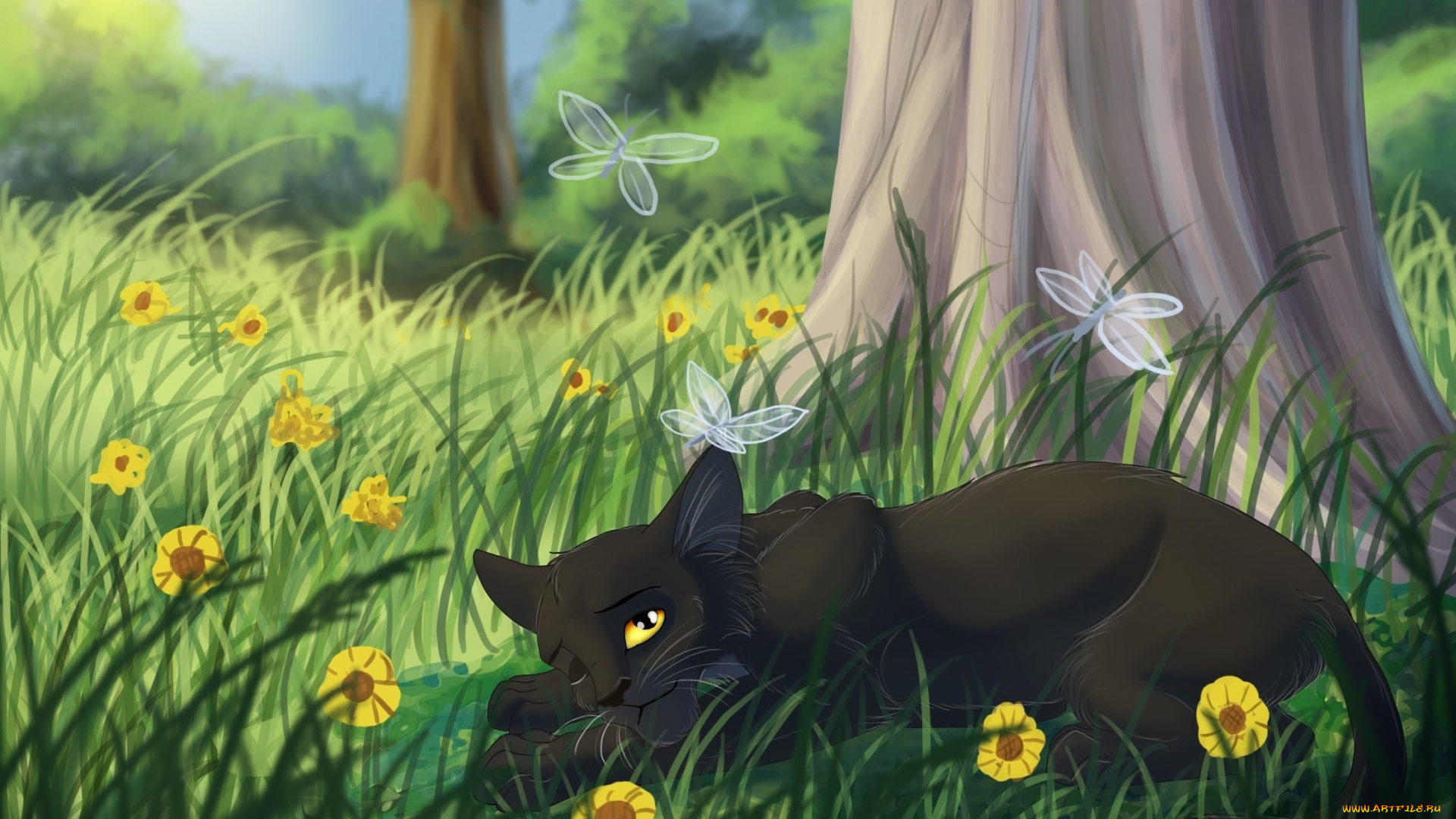 рисованное, животные, , коты, кот, взгляд, фон, луг, цветы