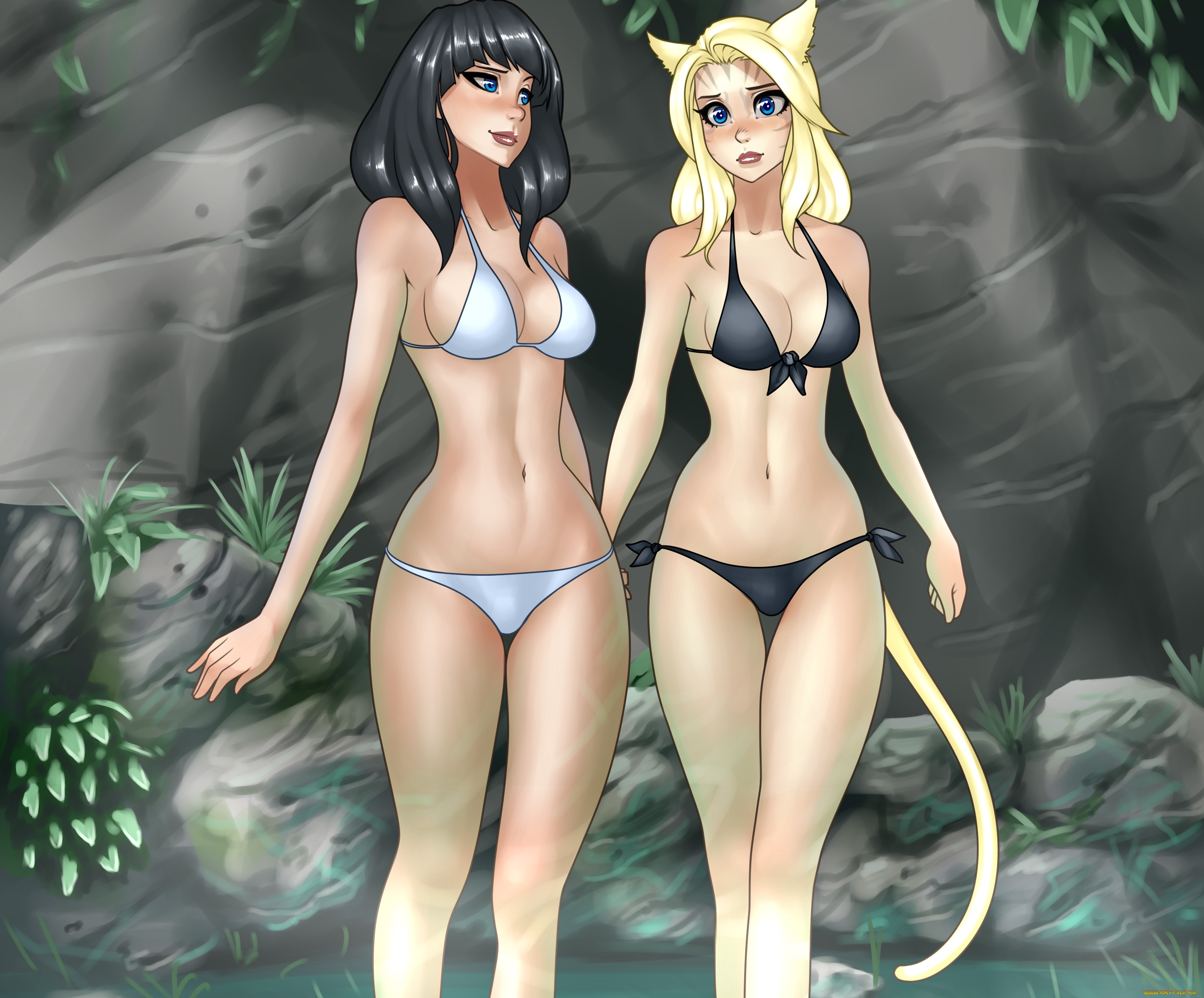 рисованное, -, другое, девушки, фон, взгляд, хвост