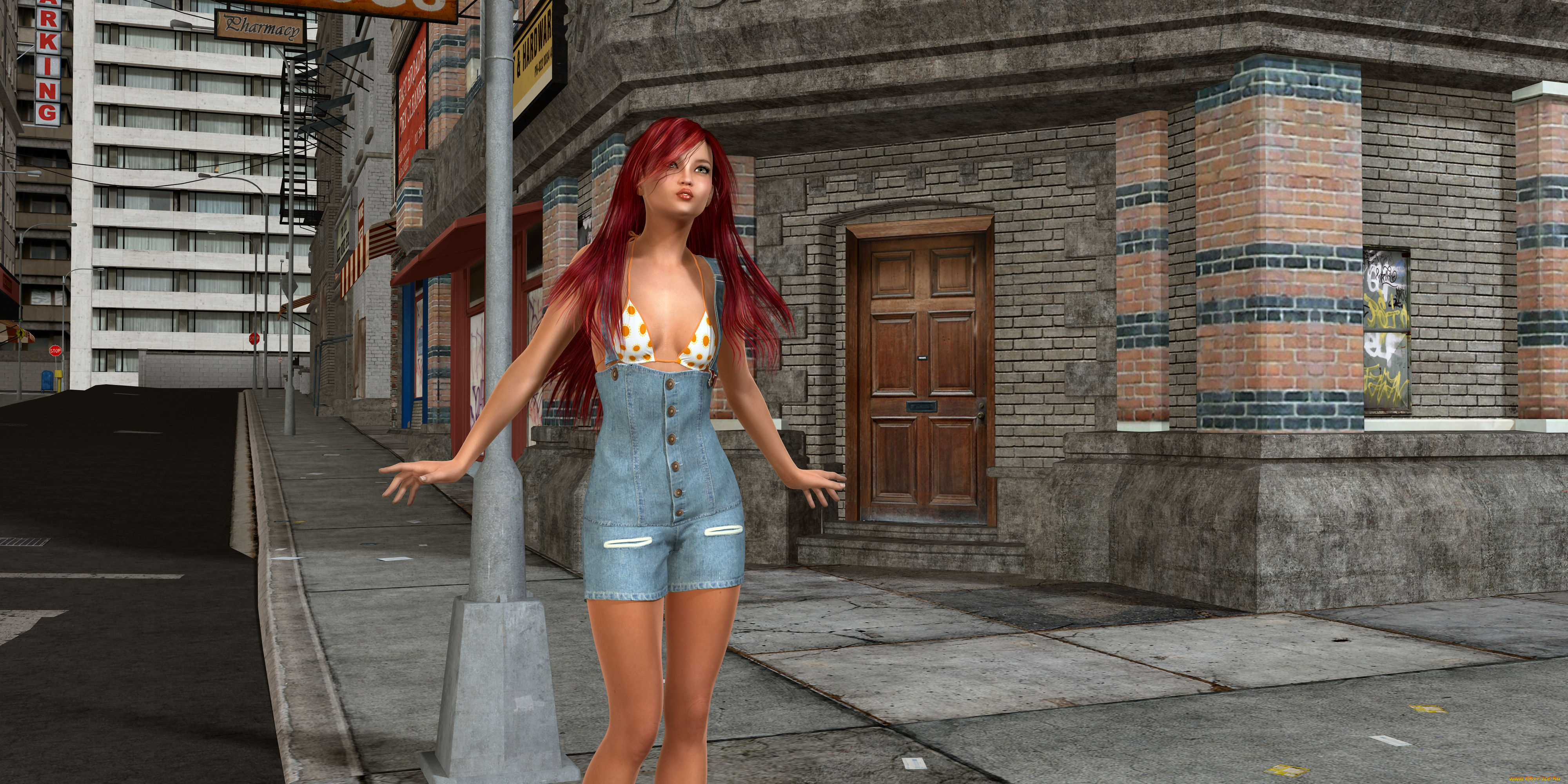 3д, графика, фантазия, , fantasy, девушка, улица, город, фон, взгляд