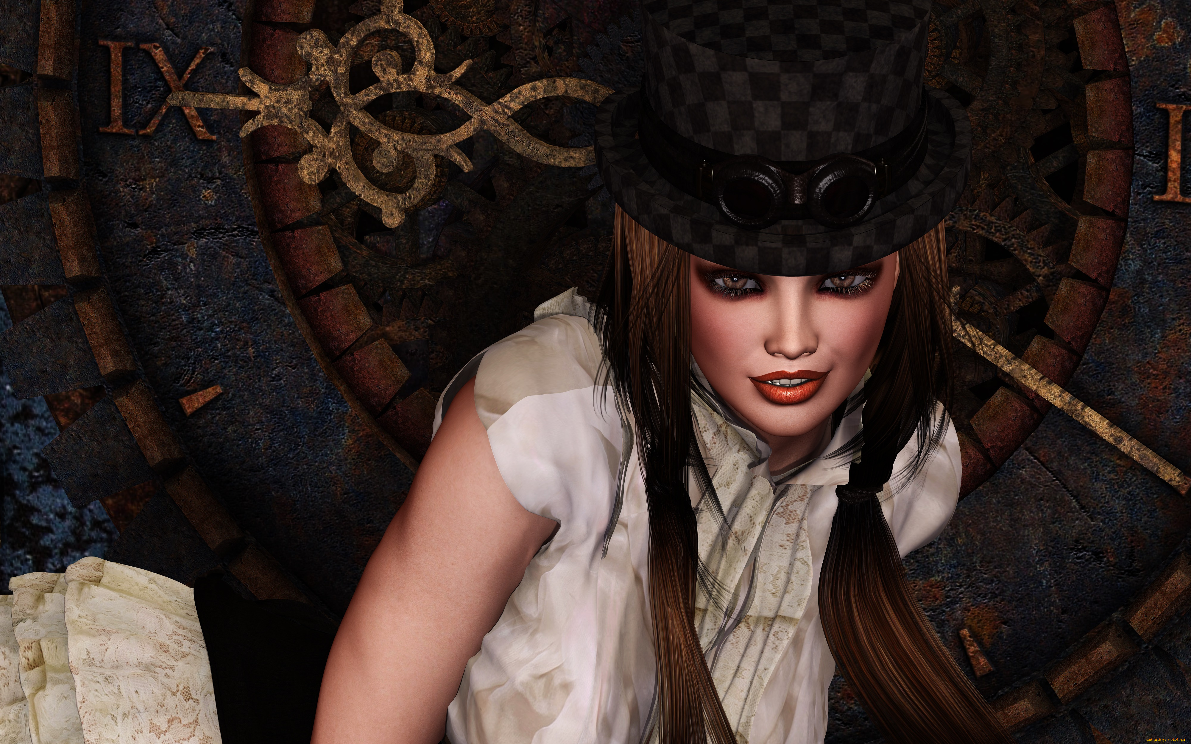 3д, графика, люди, , people, волсы, шляпа, фон, взгляд, девушка