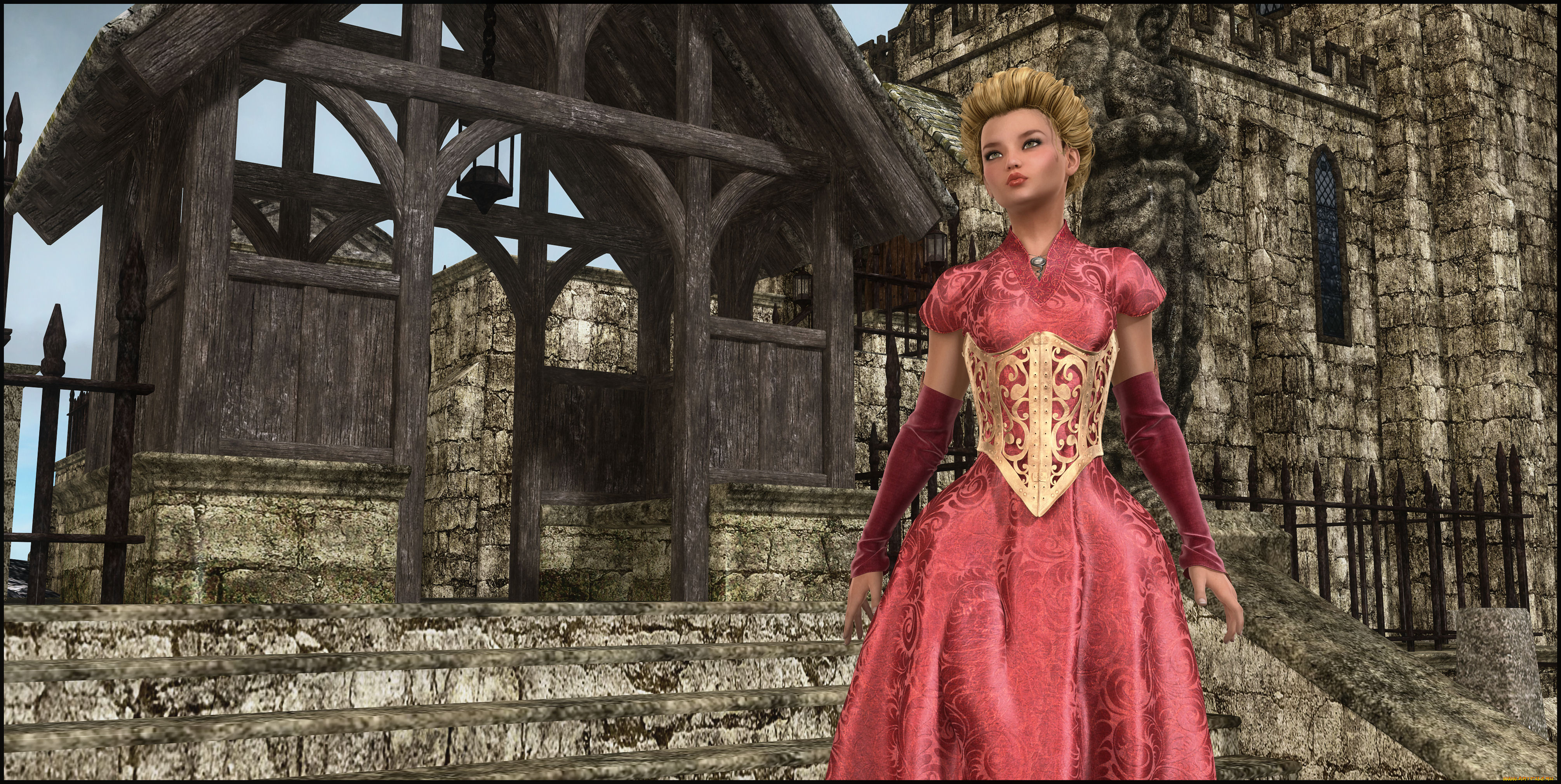 3д, графика, люди, , people, девушка, платье, фон, взгляд