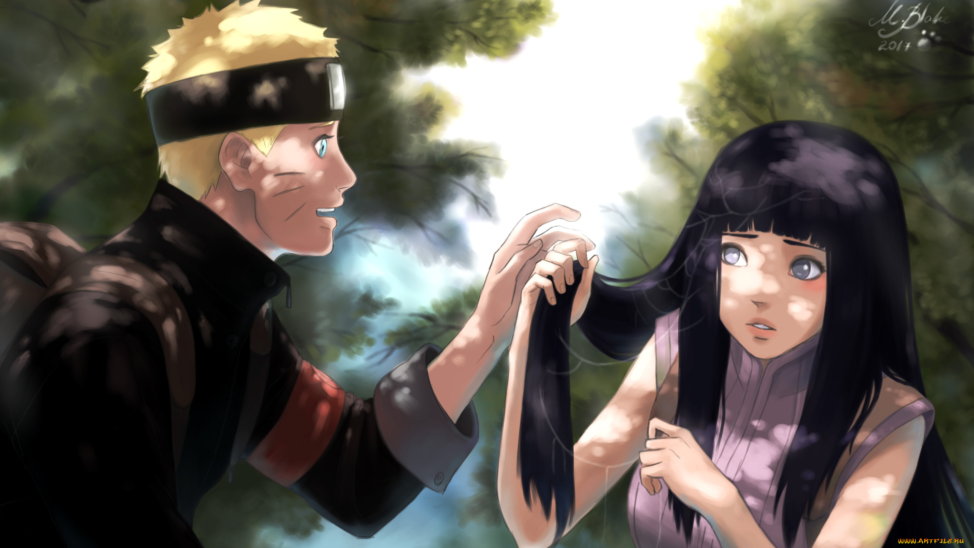 аниме, naruto, паутина, uzumaki, девушка, hyuuga, hinata, art, парень, by, blackmarlb0r0