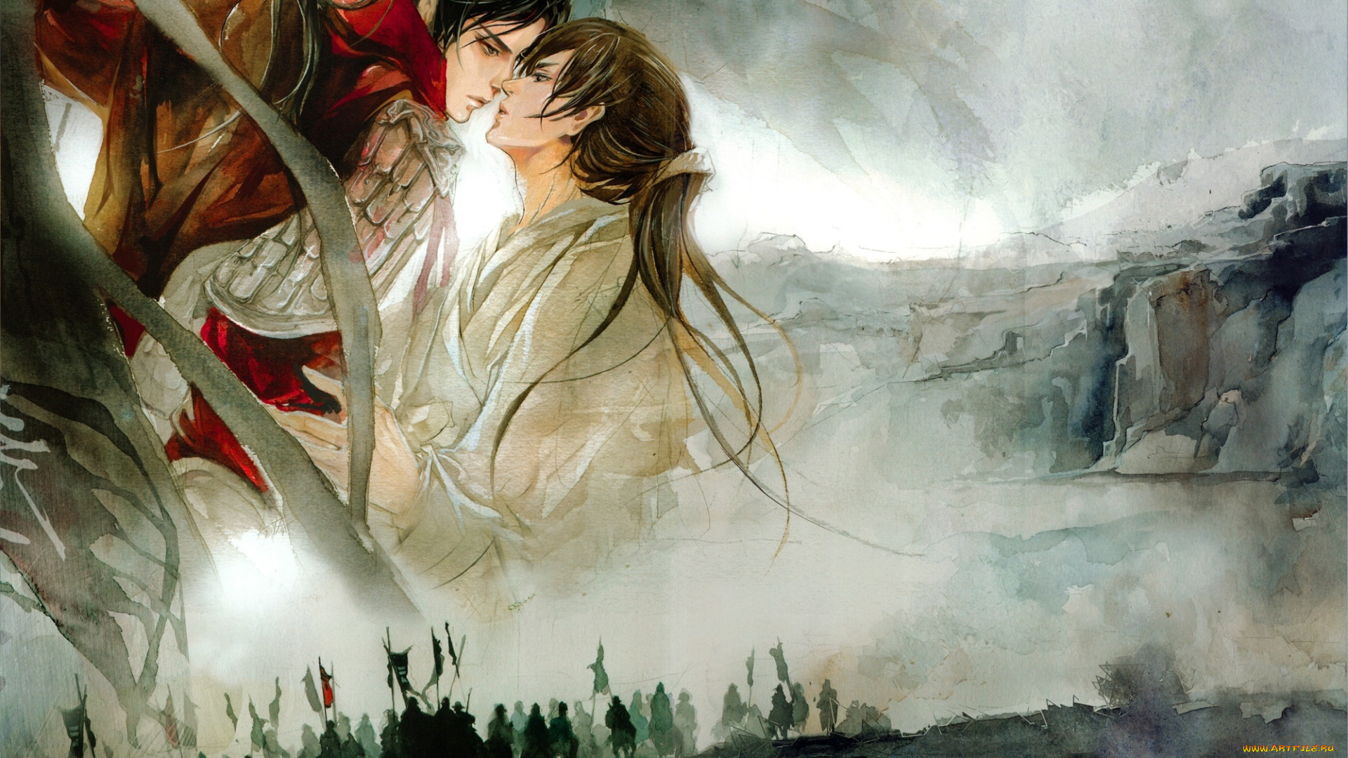 аниме, unknown, , другое, конница, парни, армия, знамена, рисунок, длинные, волосы, акварель, eno, туман, доспехи, art