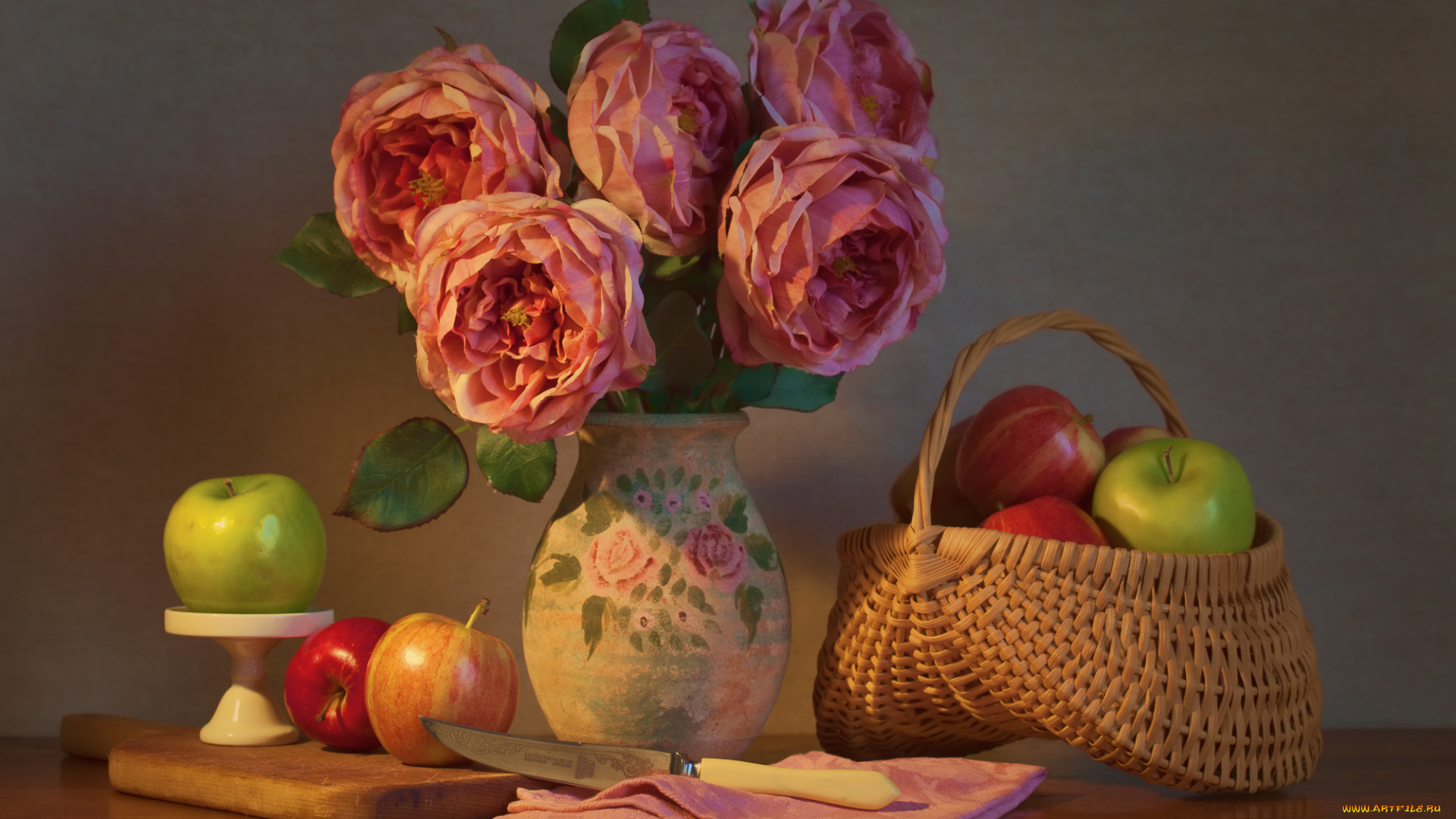 еда, Яблоки, натюрморт, цветы, яблоки