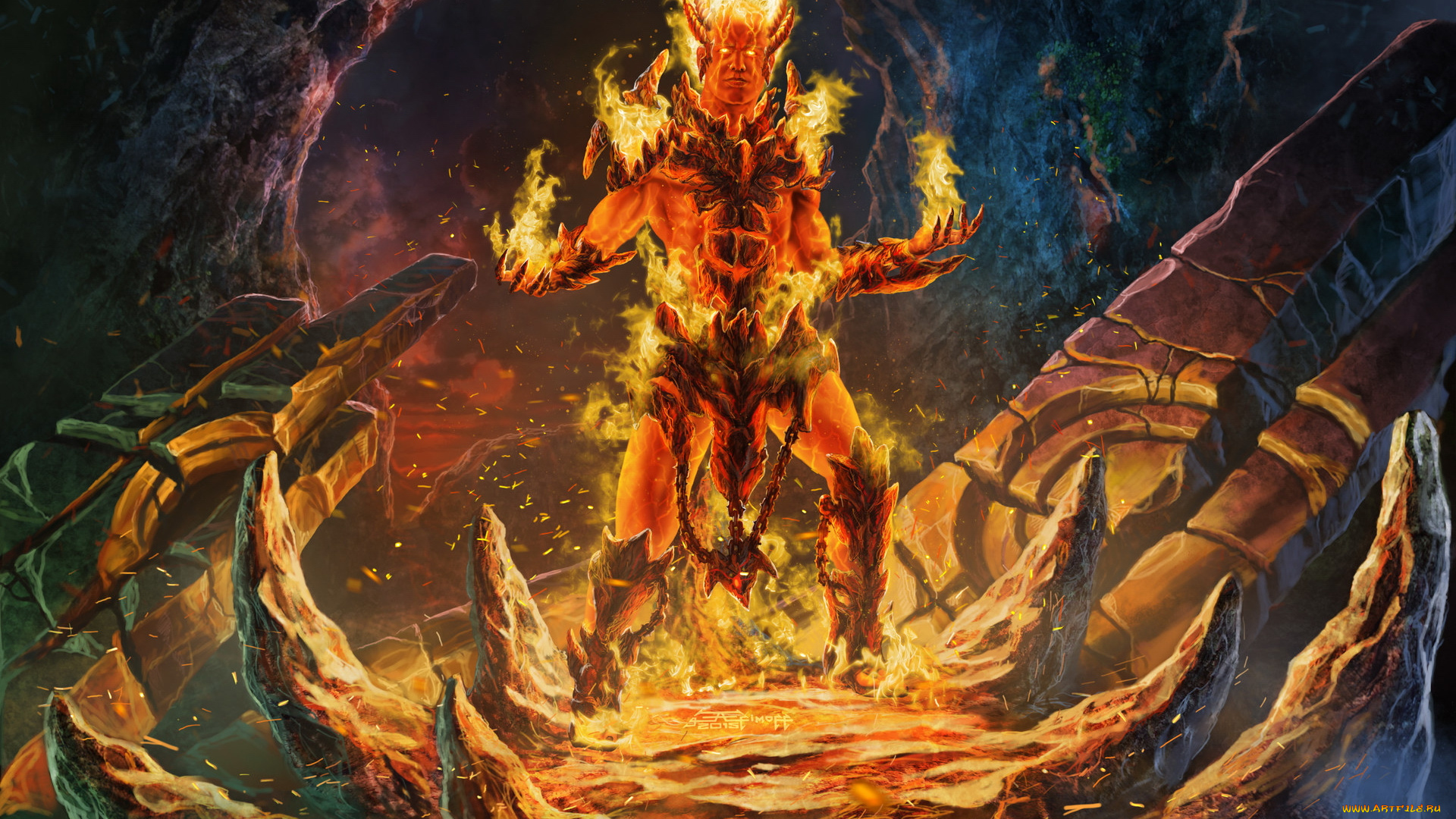 фэнтези, демоны, огонь, магия, пещера, демон