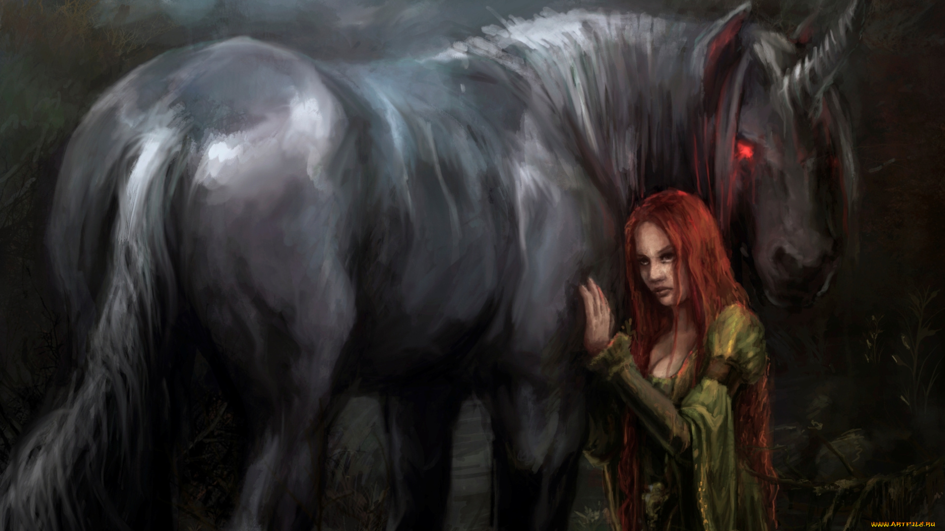 фэнтези, единороги, девушка, черный, единорог