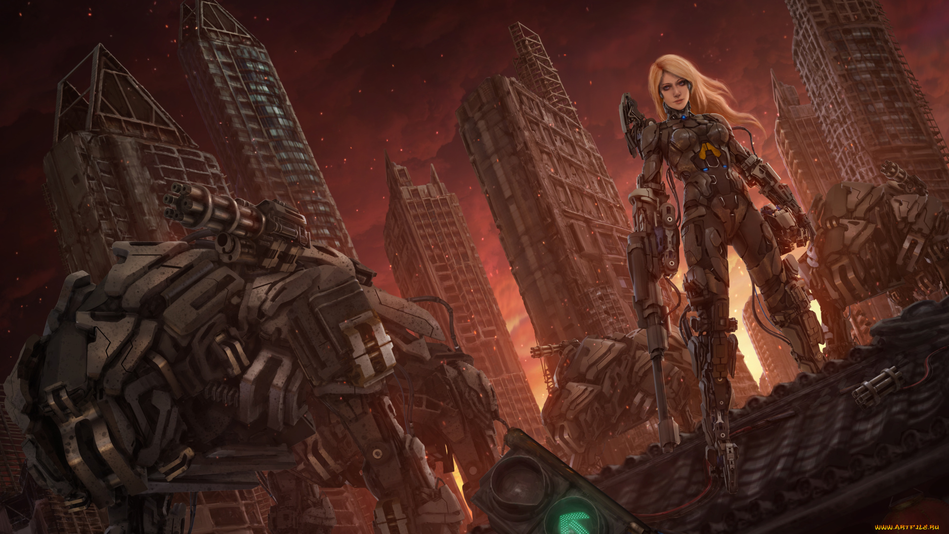 фэнтези, роботы, , киборги, , механизмы, арт, блондинка, робот, фантастика, небоскреб, aeon, дом, город, девушка