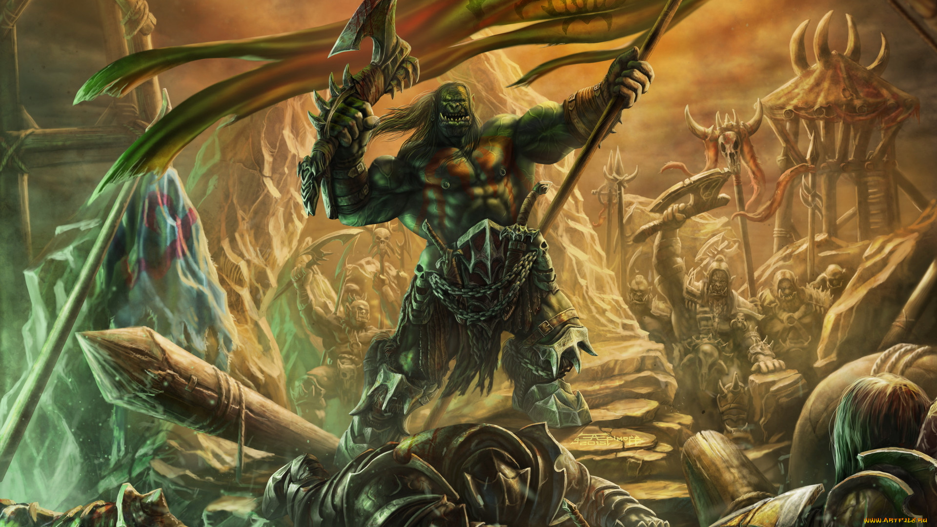 фэнтези, существа, орки, сражение, поле, воины