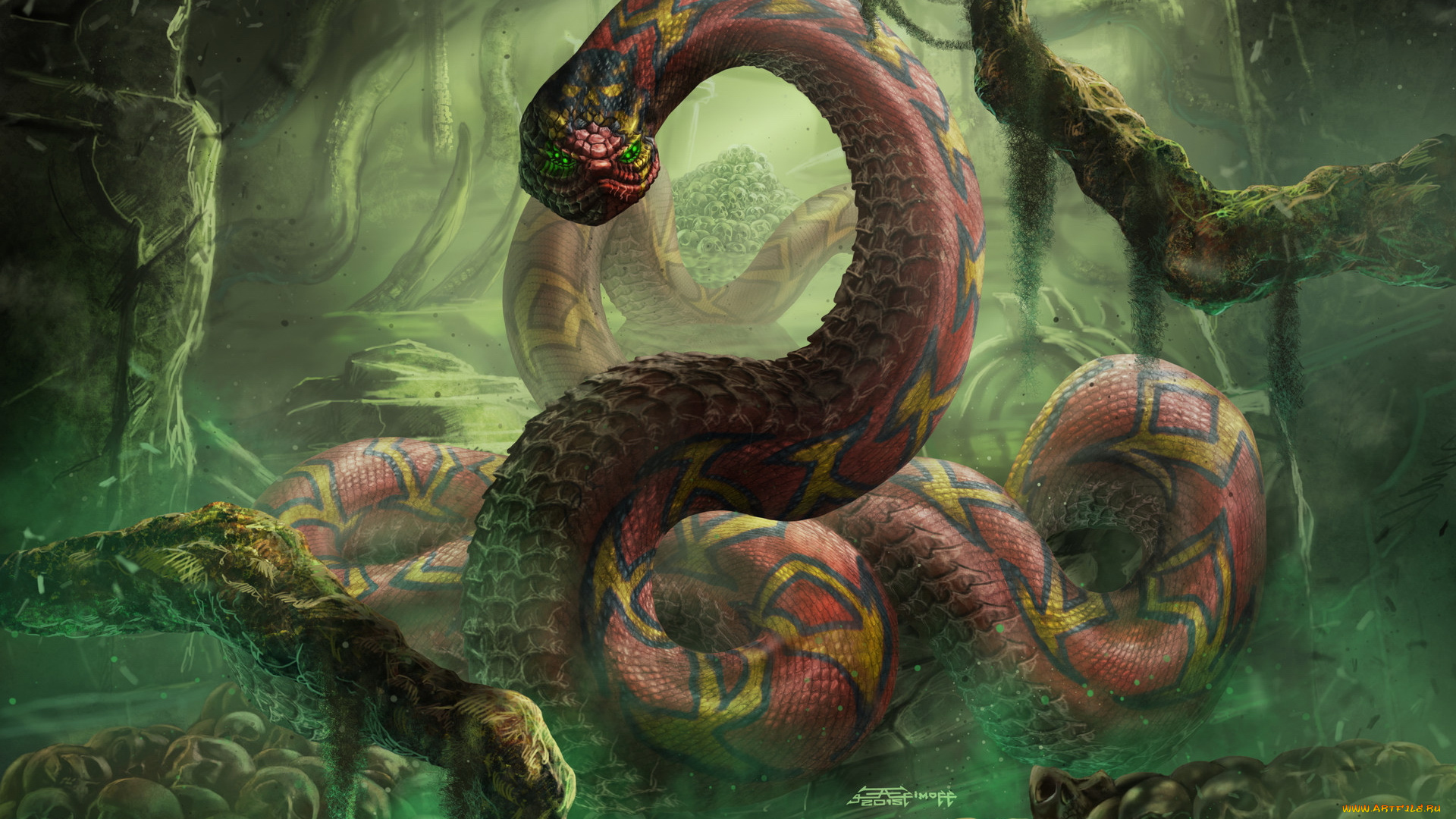 фэнтези, существа, змей, монстр, черепа, анаконда