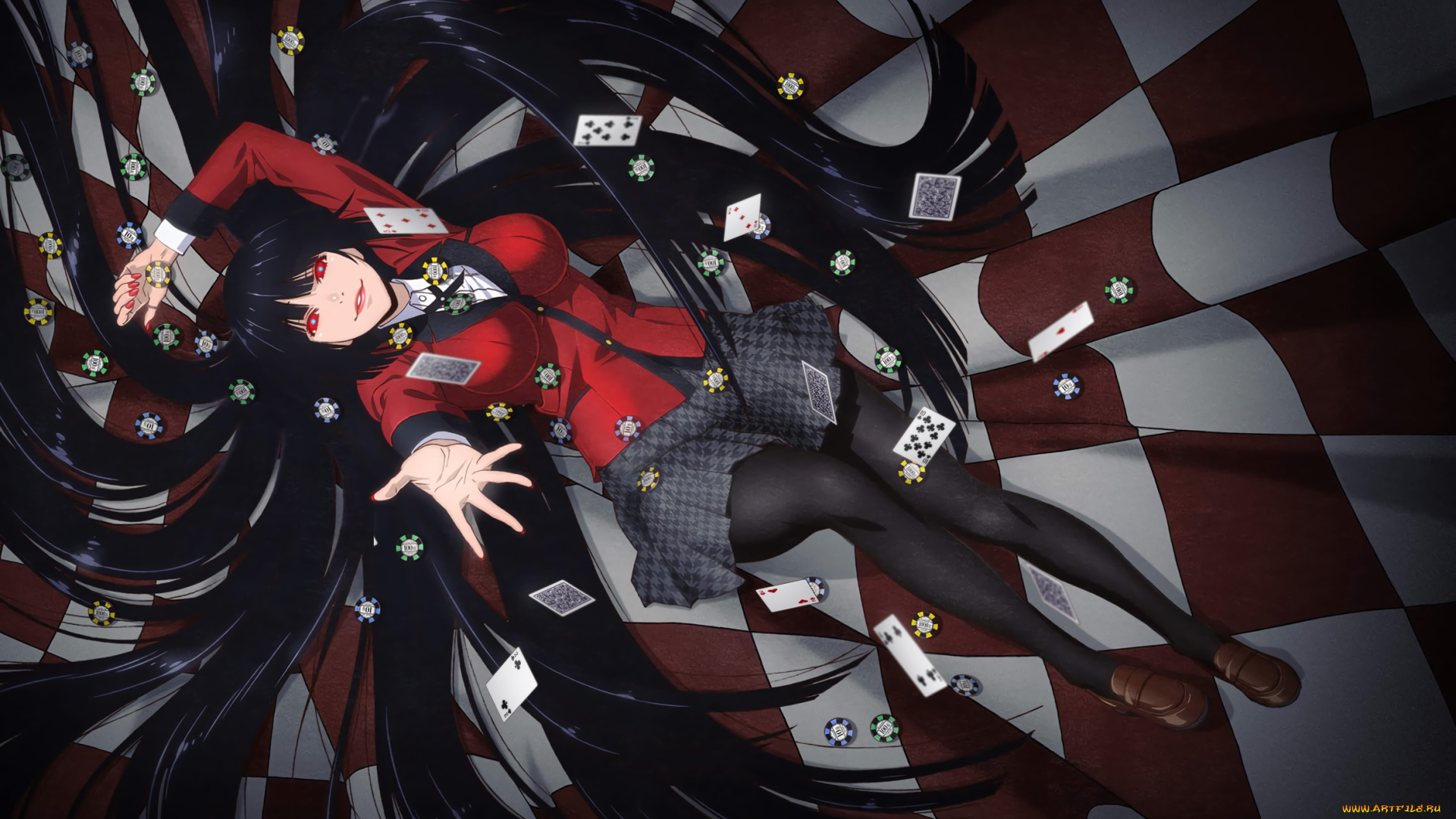 kakegurui, аниме, взгляд, девушка, фон