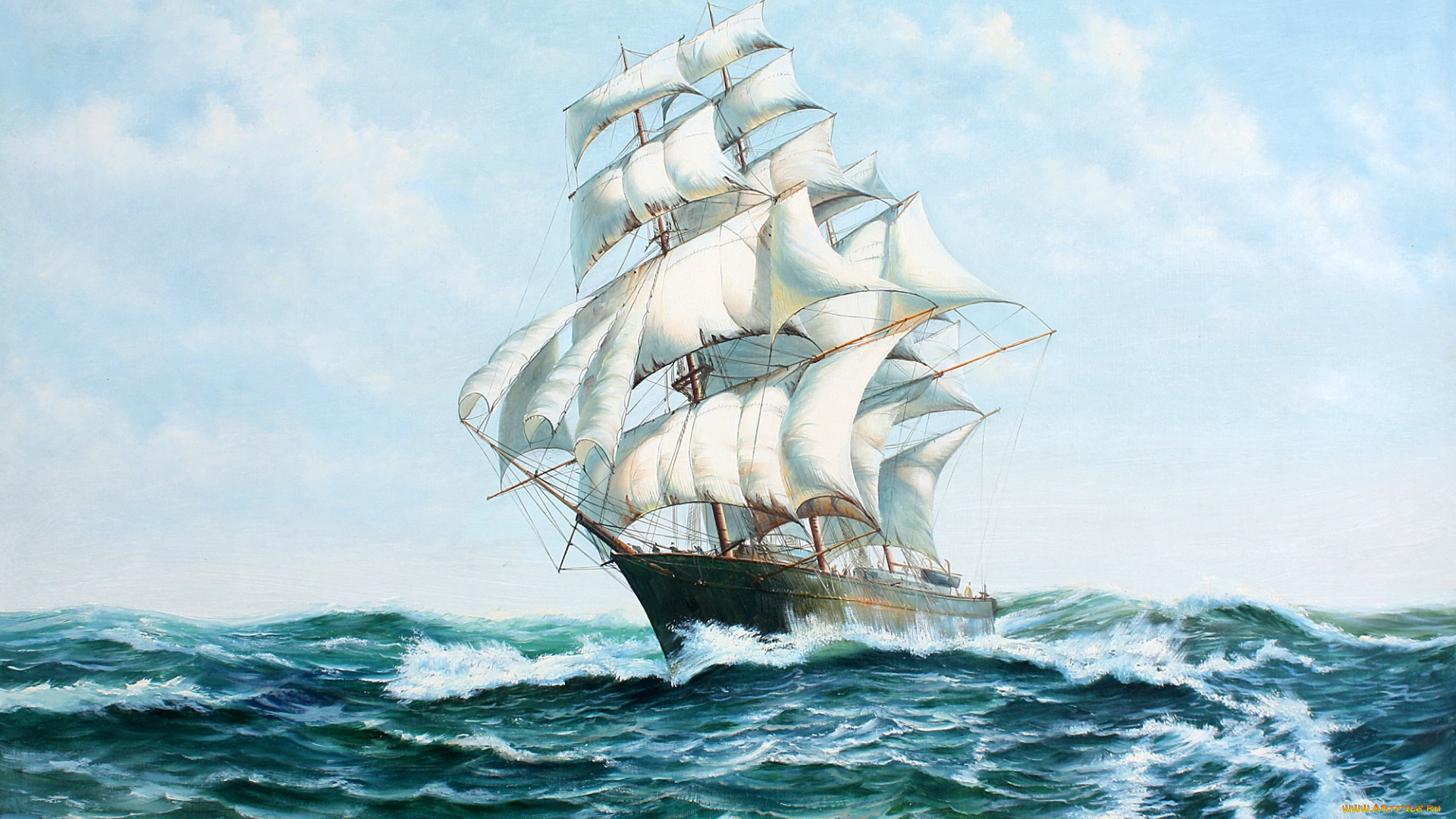 рисованное, -, другое, волны, шторм, корабль, море